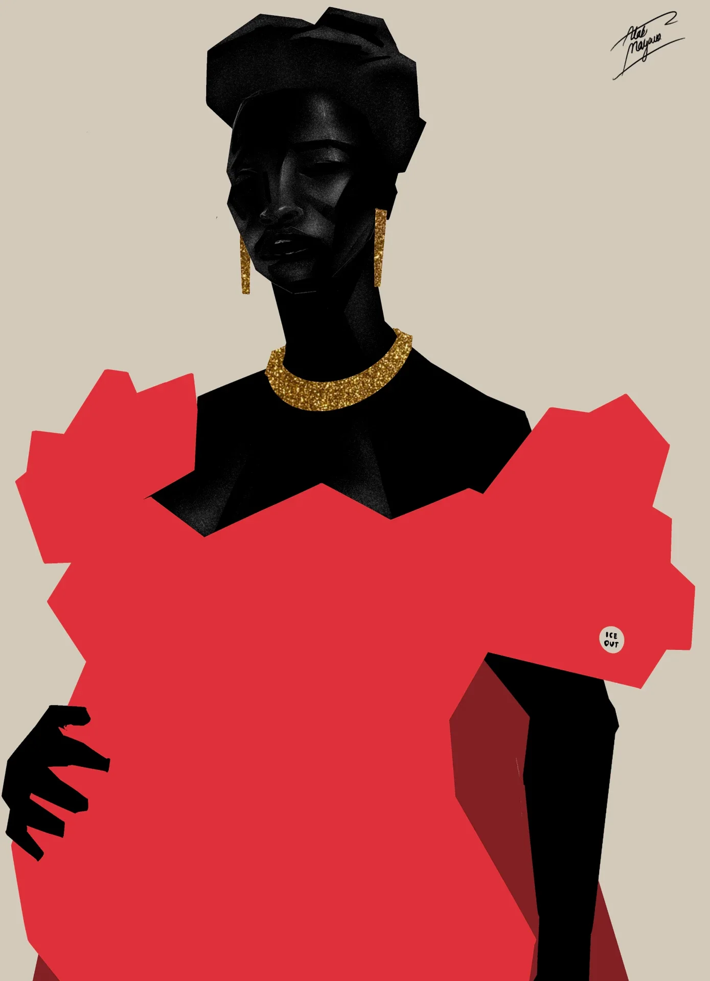 Illustration of a pregnant woman in a red dress with sculpted shoulders, gold earrings and choker, one hand on her bump, on a beige background