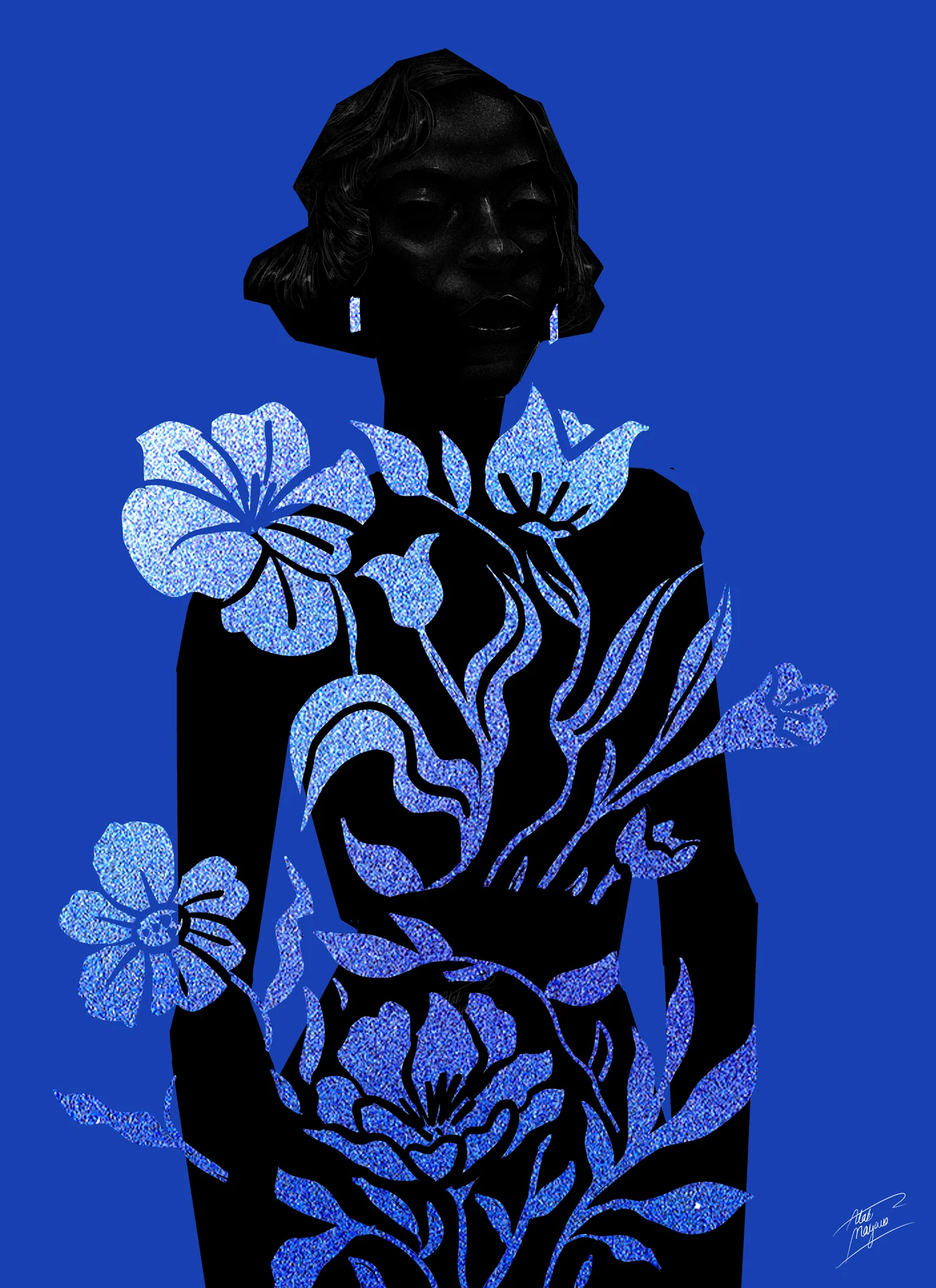 Illustration of a Black woman with finger waves standing in a black dress with large glittering blue flowers, on a bright blue background