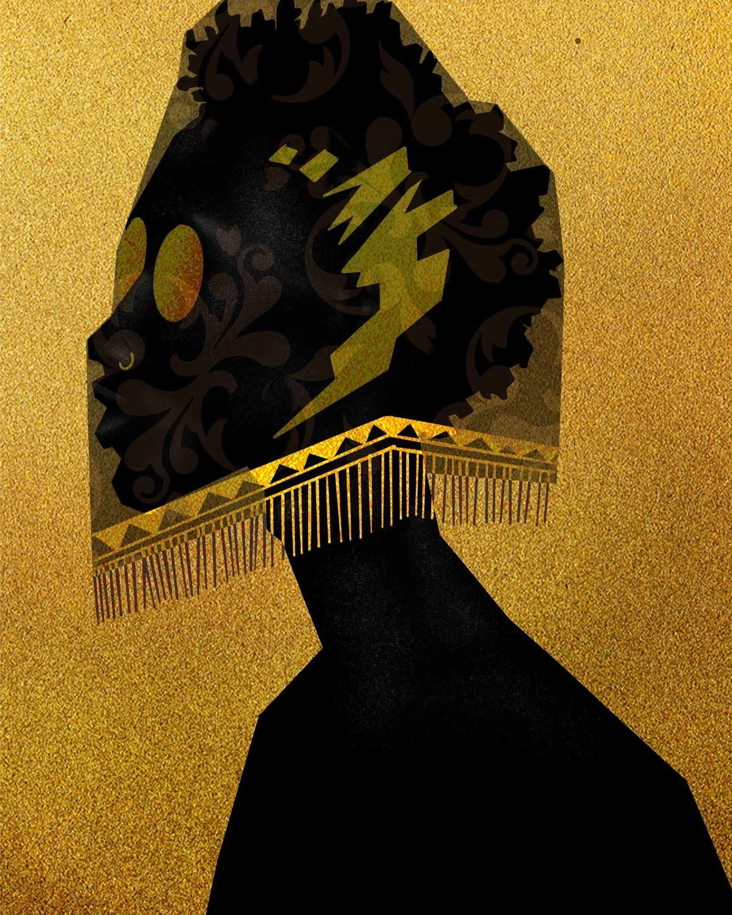 Side profile of a dark figure in a black lace veil with a gold lightning motif and beaded gold fringe at the neck, set against a glittering gold background