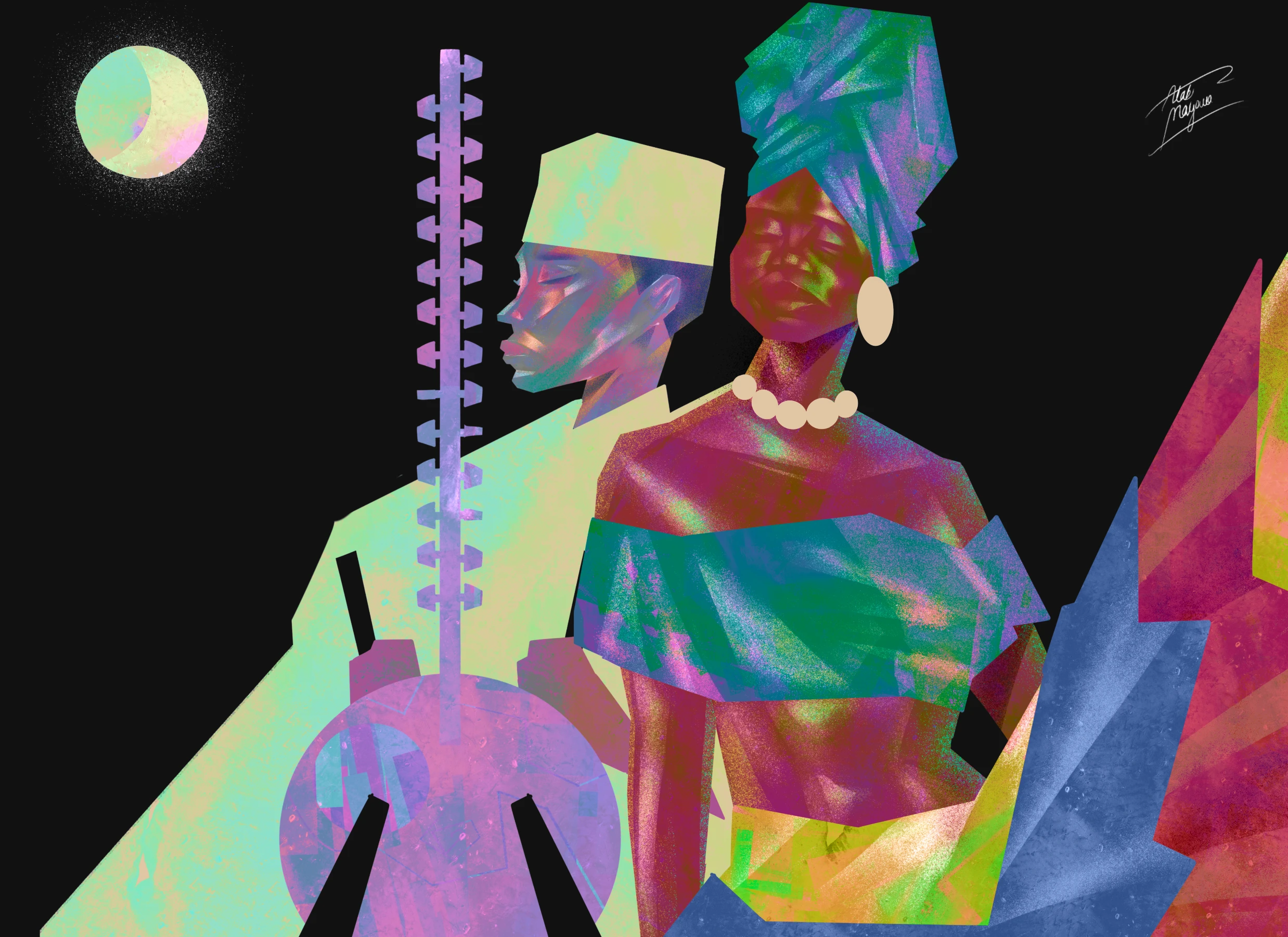 A colorful abstract representation of two figures, a man and a woman, against a dark background. The man wears a traditional hat and appears to be playing a musical instrument, while the woman, adorned with jewelry, stands elegantly. A stylized moon is visible in the background, adding an ethereal quality to the scene.