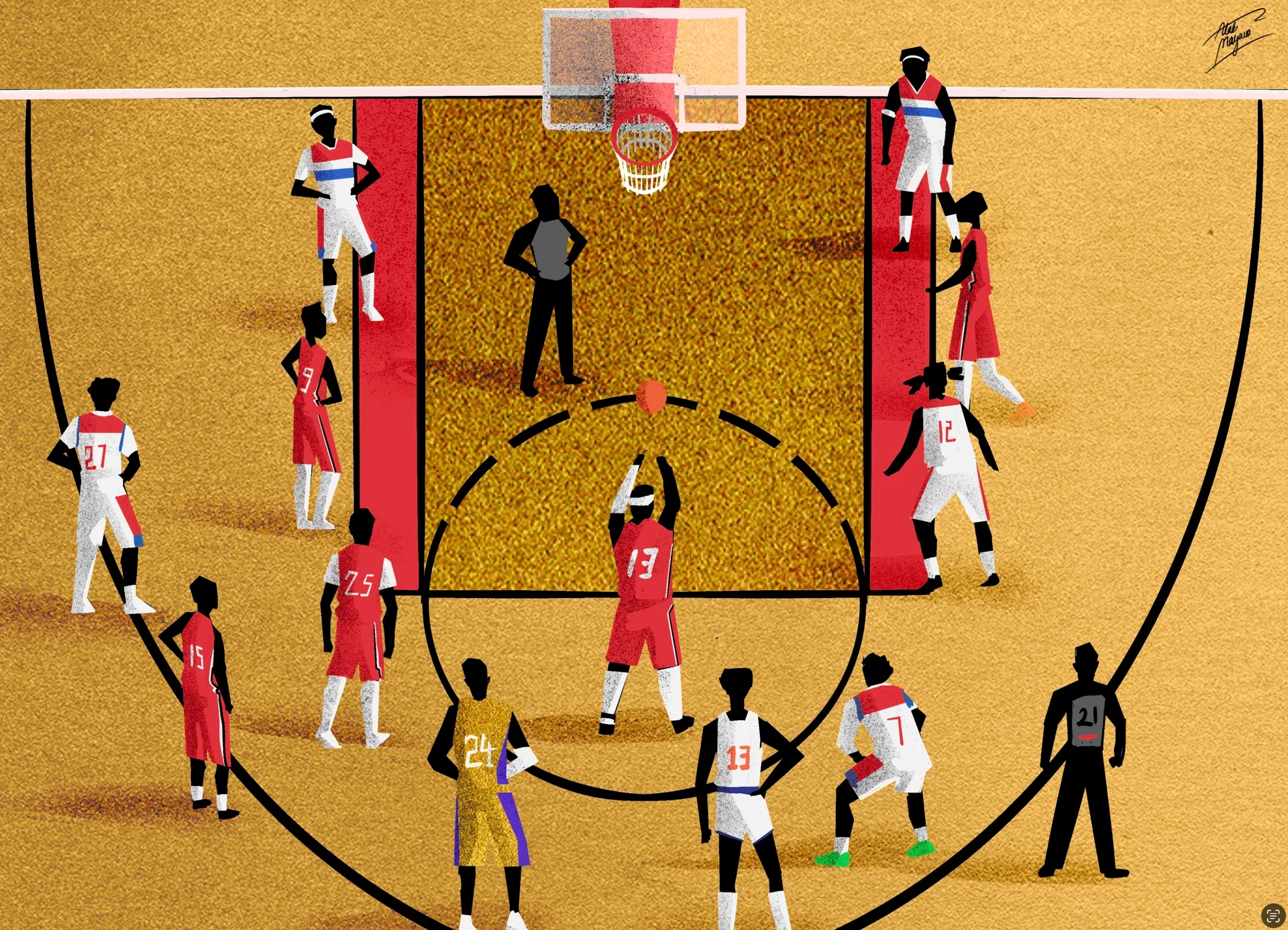 Illustration of a basketball game from above: a player in red number 13 takes a free throw while players in red and white line the key, a referee watching