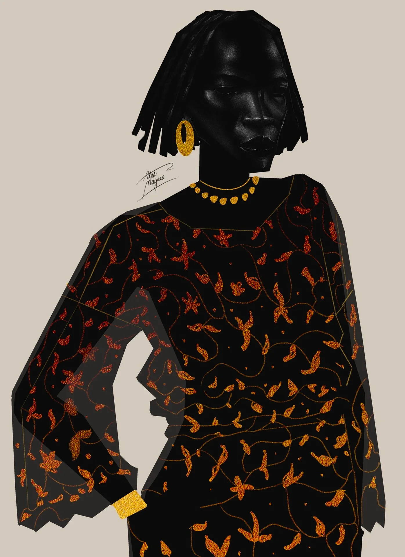Illustration of a Black woman with a short bob, gold hoop earring and necklace, hand on hip in a sheer black blouse with orange glitter vines, on beige