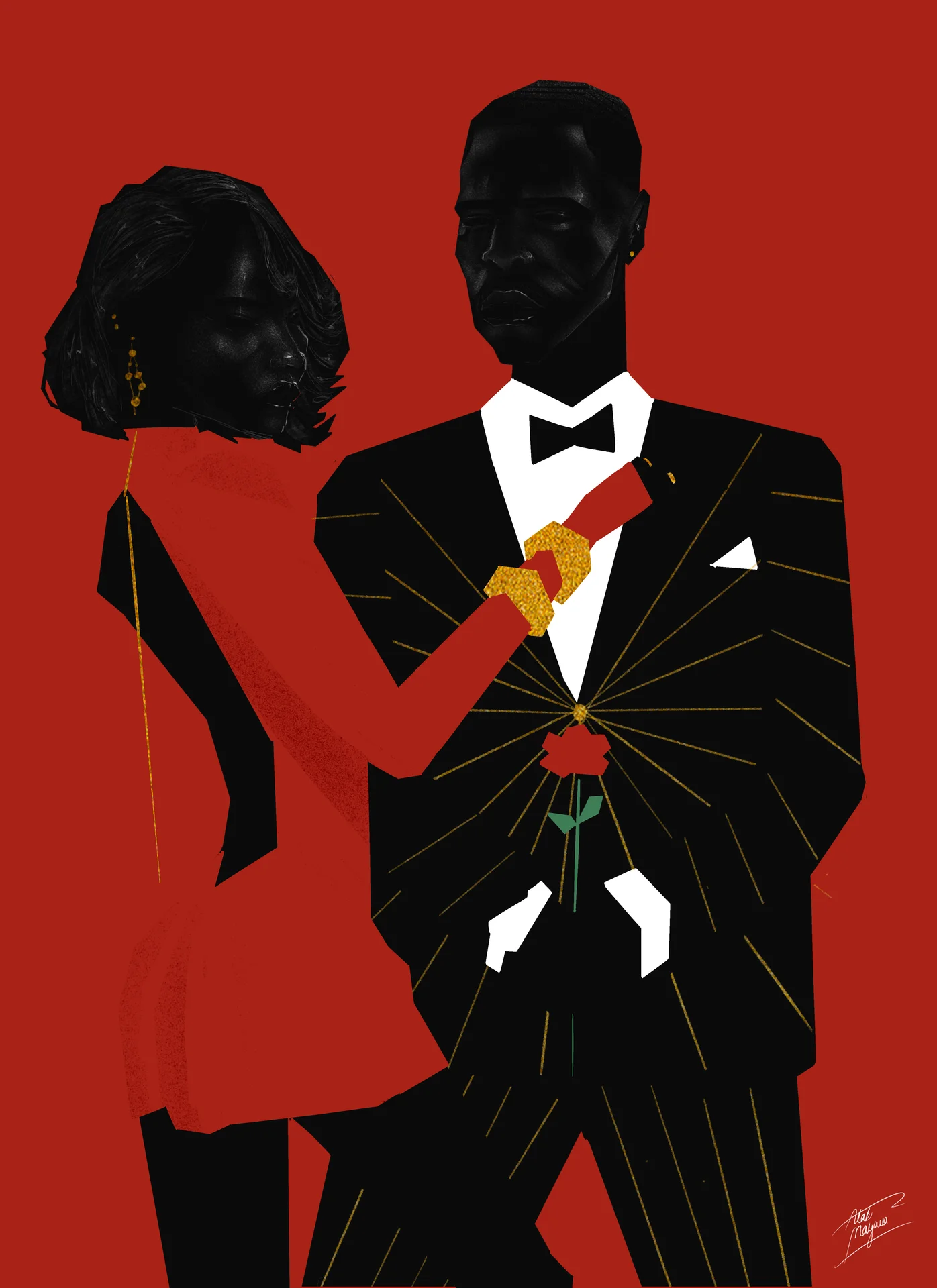 Illustration of a woman in a red dress touching the lapel of a man in a black tuxedo and bow tie, a red rose at his chest, on a solid red background