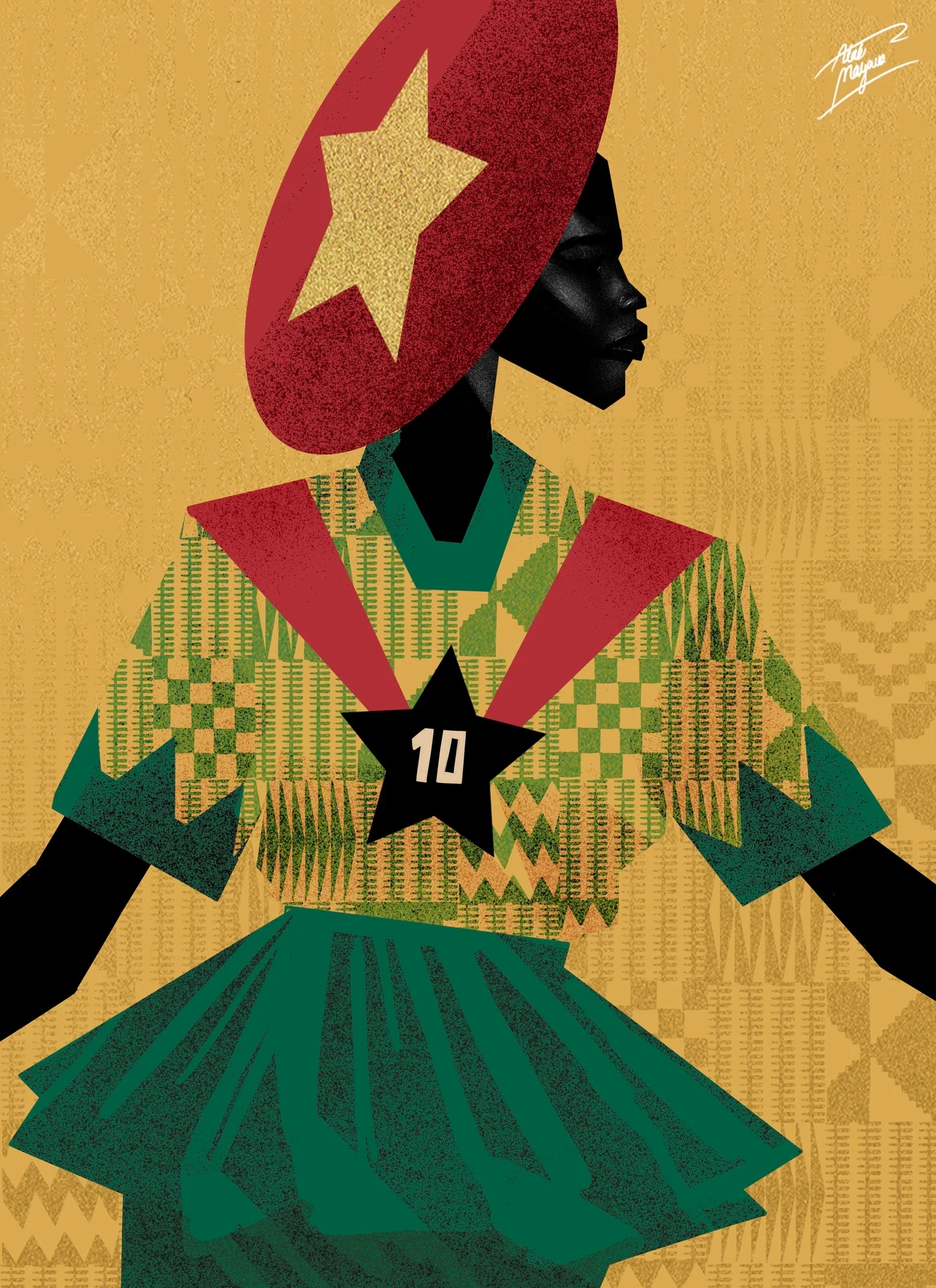 Illustration of a Black woman in a red disc hat with a gold star and a green kente-patterned top bearing a black star with number 10, on a gold kente background