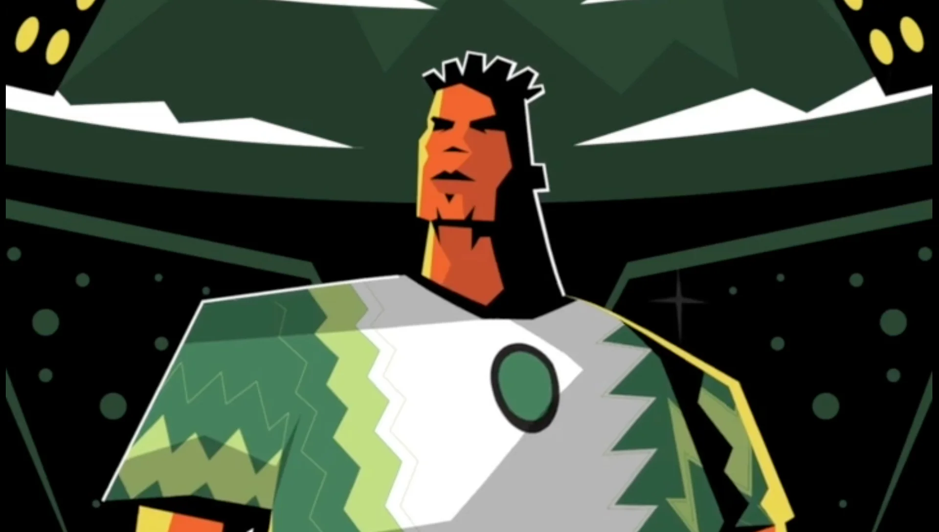 Animation reel still: a footballer in a green and white zigzag kit stands under stadium floodlights
