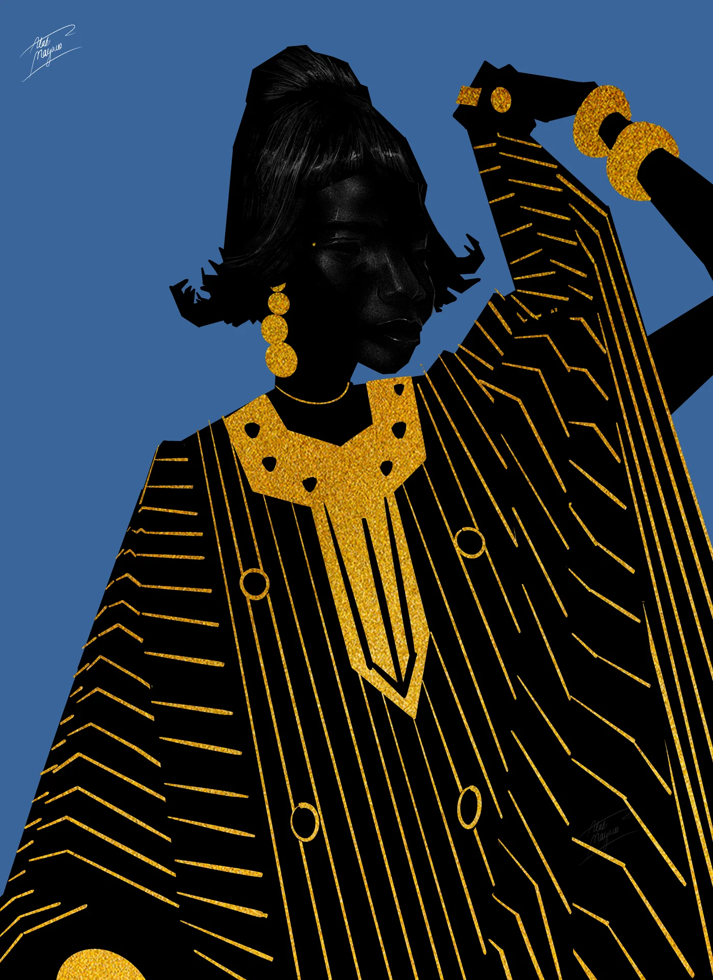 Illustration of a Black woman with a bob and high bun, arm raised, in a flowing black agbada-style robe with gold lines and embroidery, on a blue background
