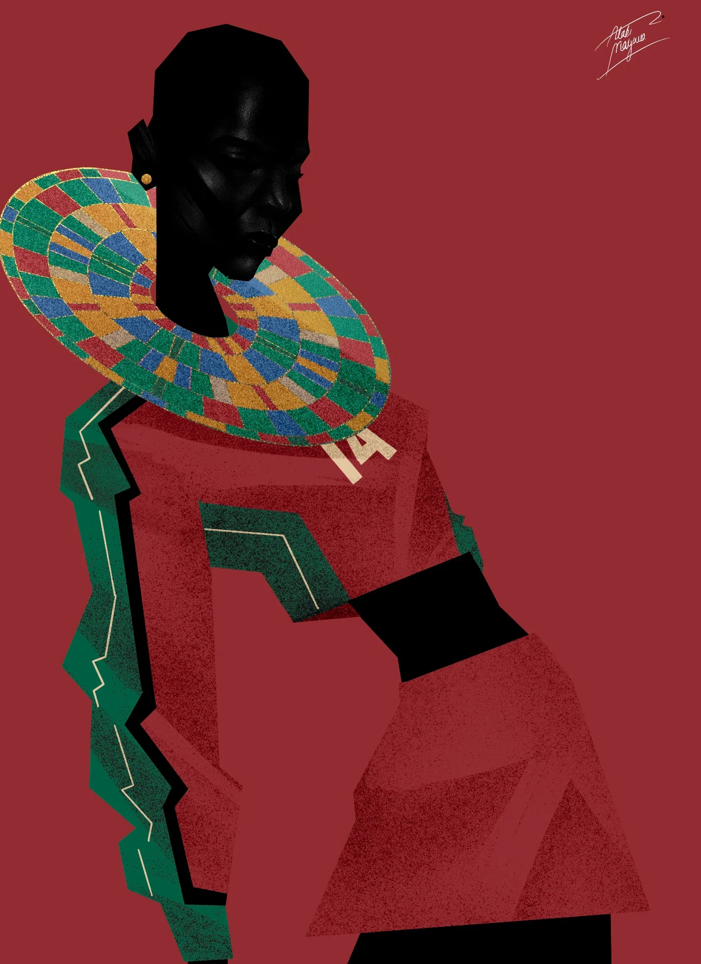 Illustration of a Black woman in a red number 14 football top with green zigzag sleeves and a large beaded collar in green, gold and blue, on a red background