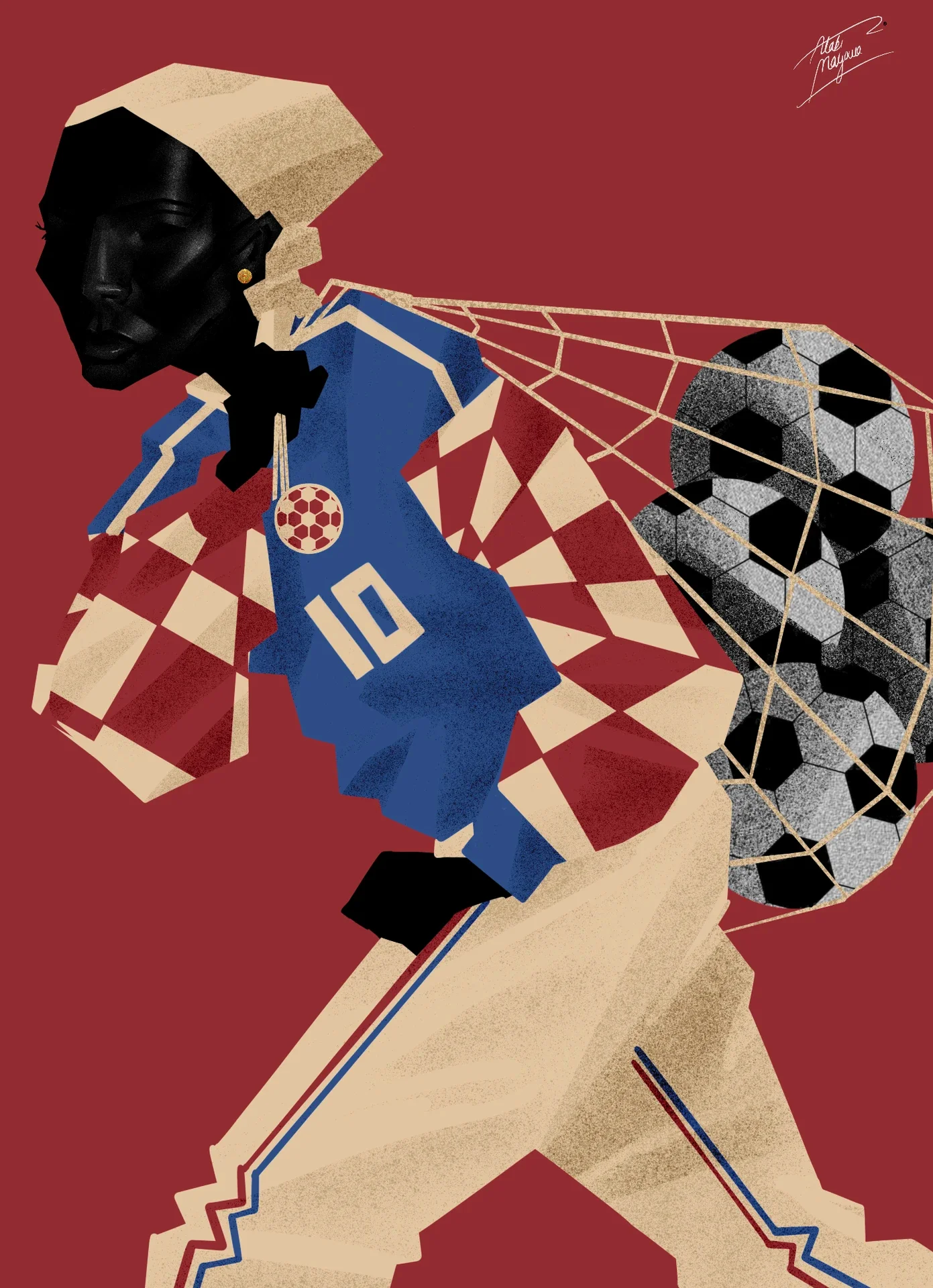 Illustration of a Black woman in a cream headscarf and red and cream chequered top with a blue number 10 bib, striding with a net of footballs on her back, on red
