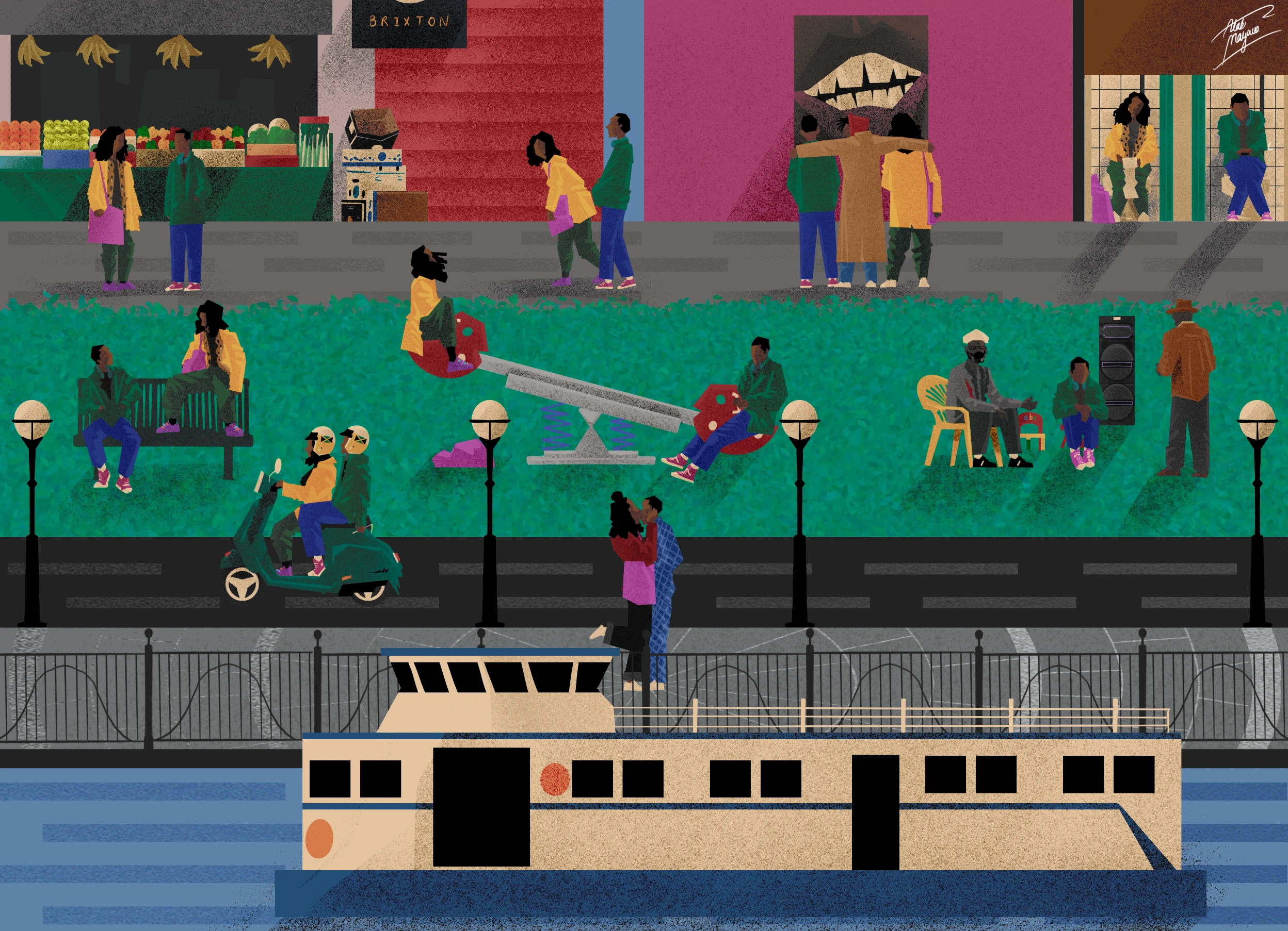 A vibrant urban scene depicting people enjoying various activities in a park, with a boat on the water in the foreground.