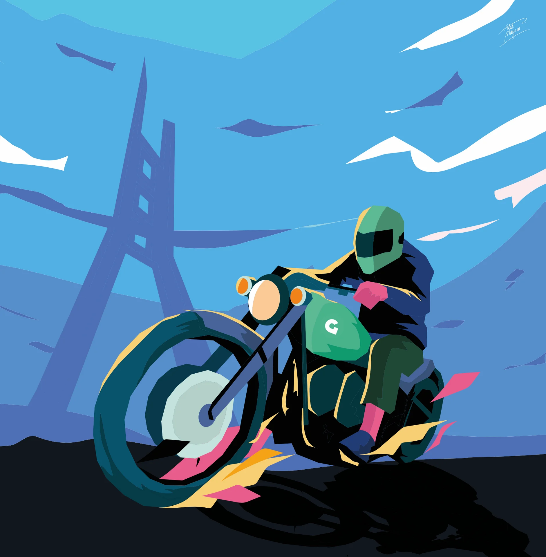 Gokada artwork: a rider in a green helmet speeds on a motorbike with a green "G" fuel tank, flames at the wheels, a bridge behind in blue