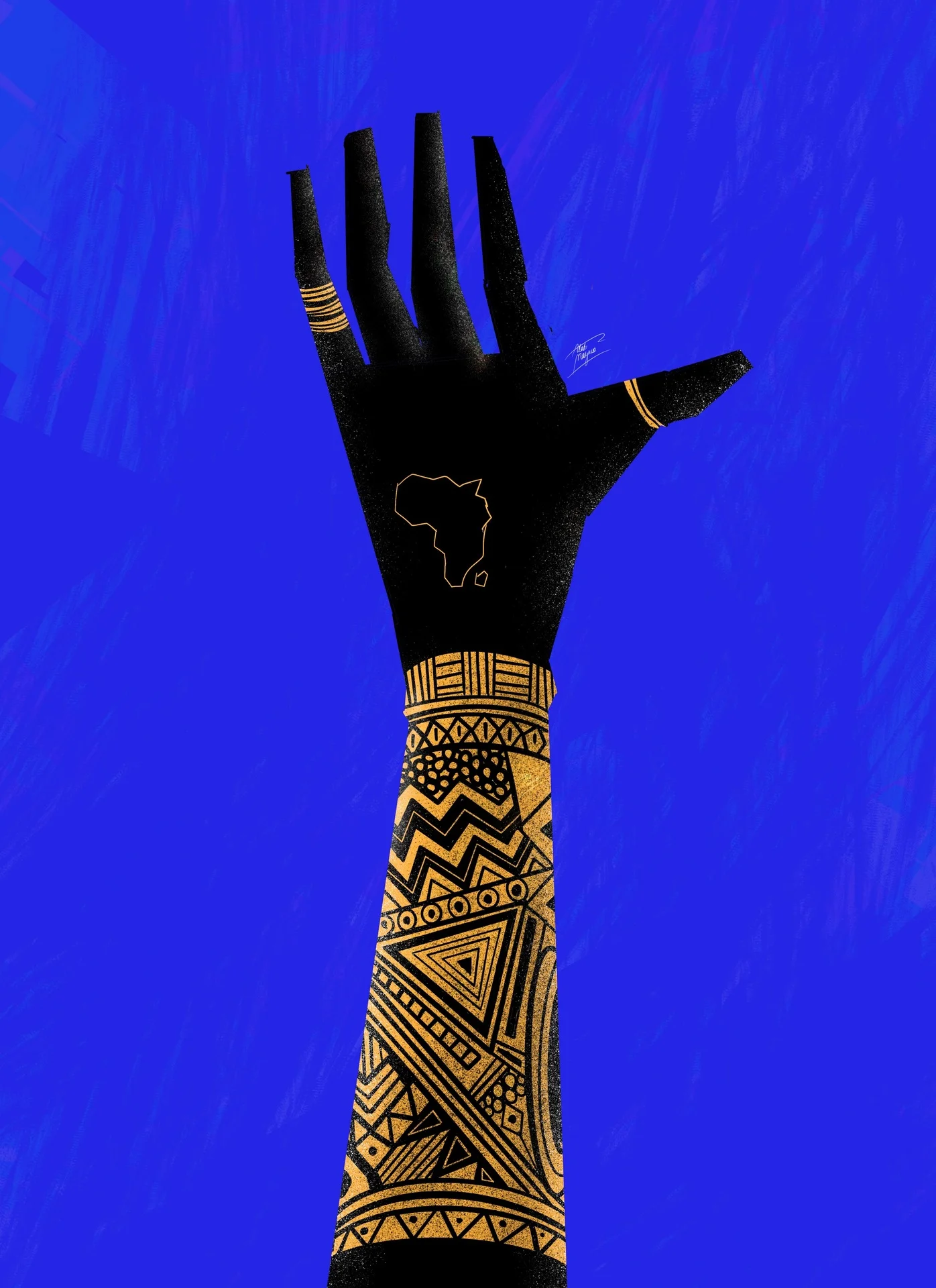 Illustration of a raised black hand with an outline of Africa on the palm and a forearm covered in gold geometric patterns, on vivid blue