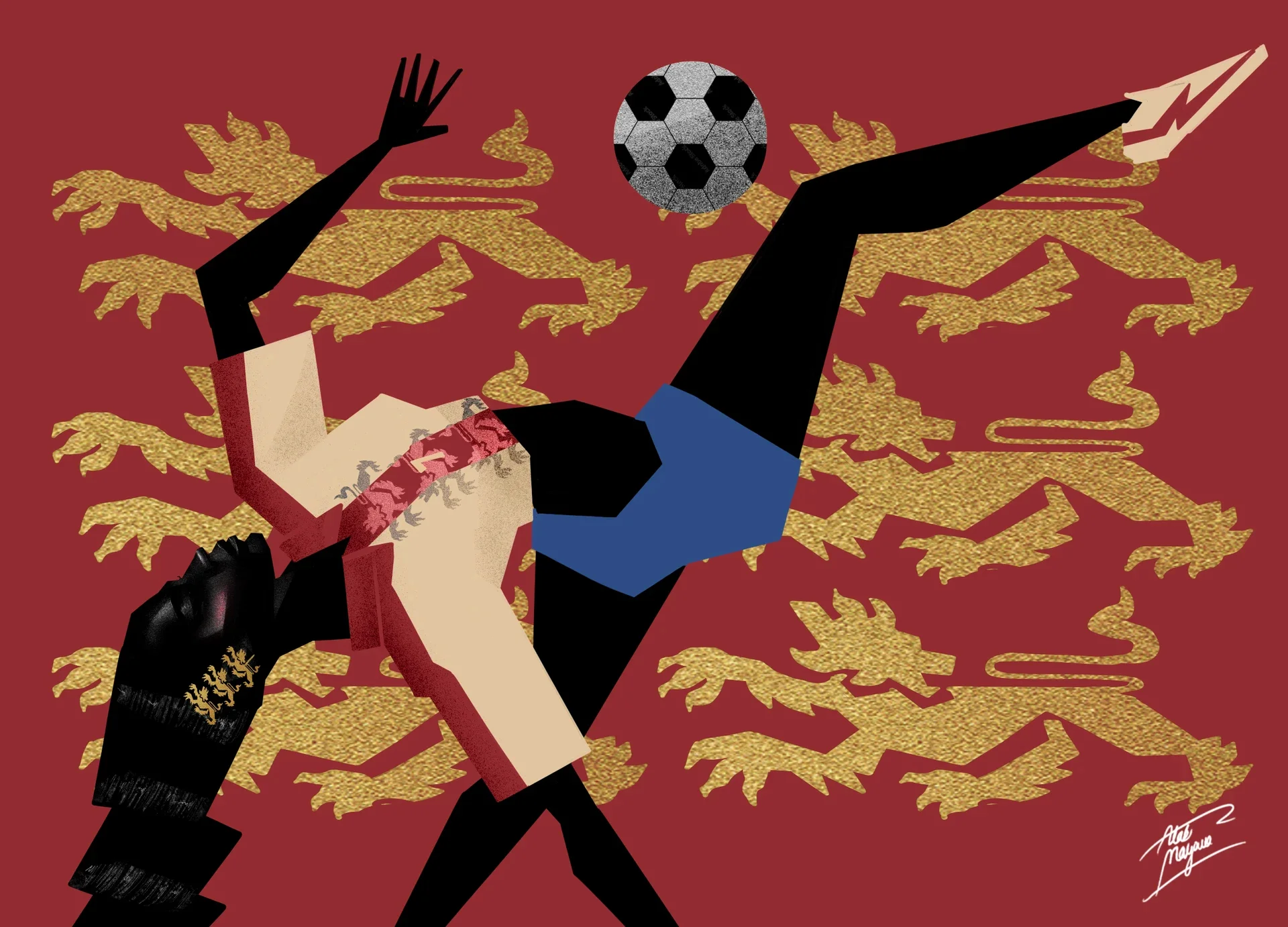 Illustration of a Black woman performing an overhead bicycle kick in a cream shirt and blue shorts, against red with three gold heraldic lions