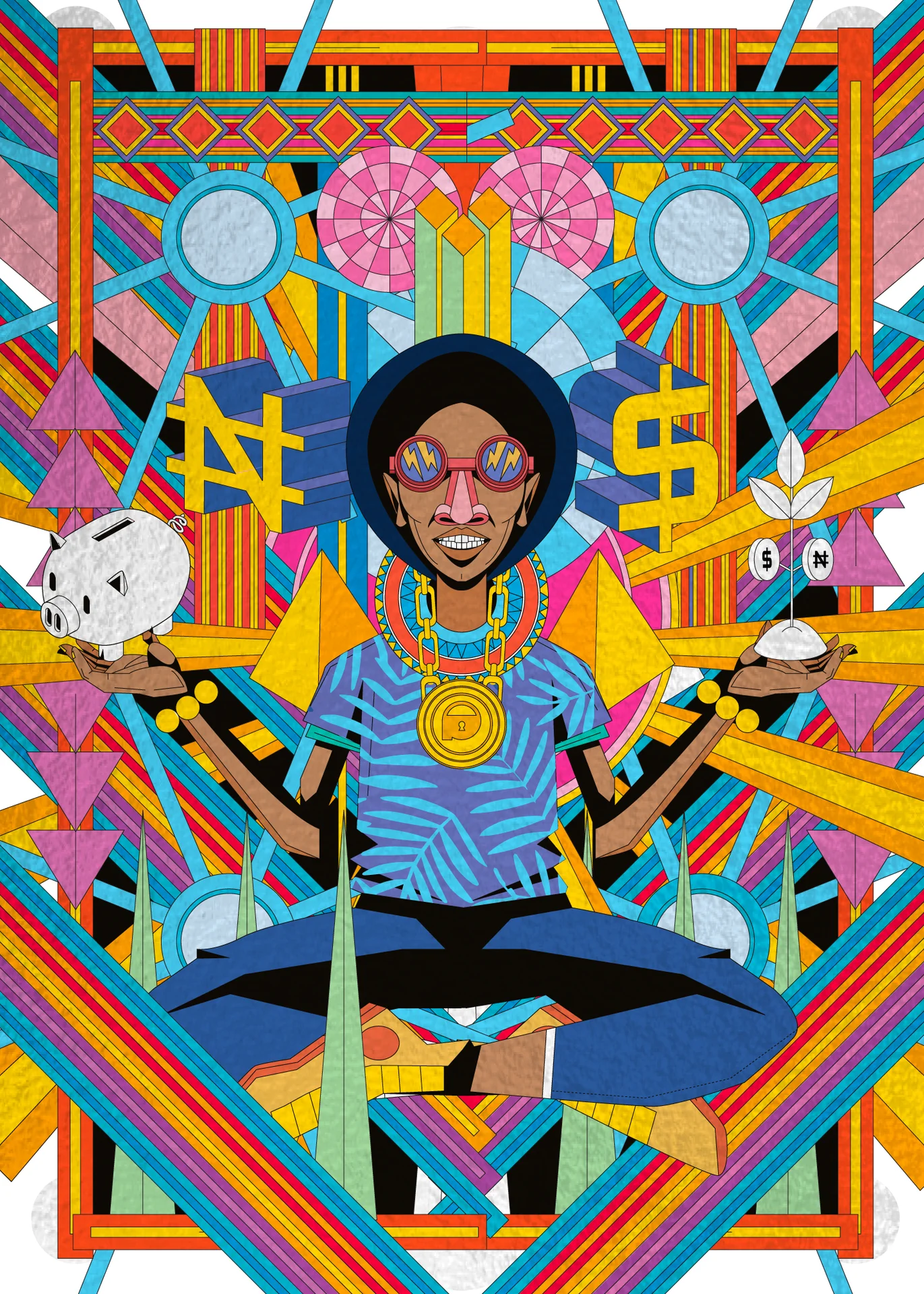 Piggyvest artwork: a smiling figure in goggles sits cross-legged holding a piggy bank and a money plant, between naira and dollar signs