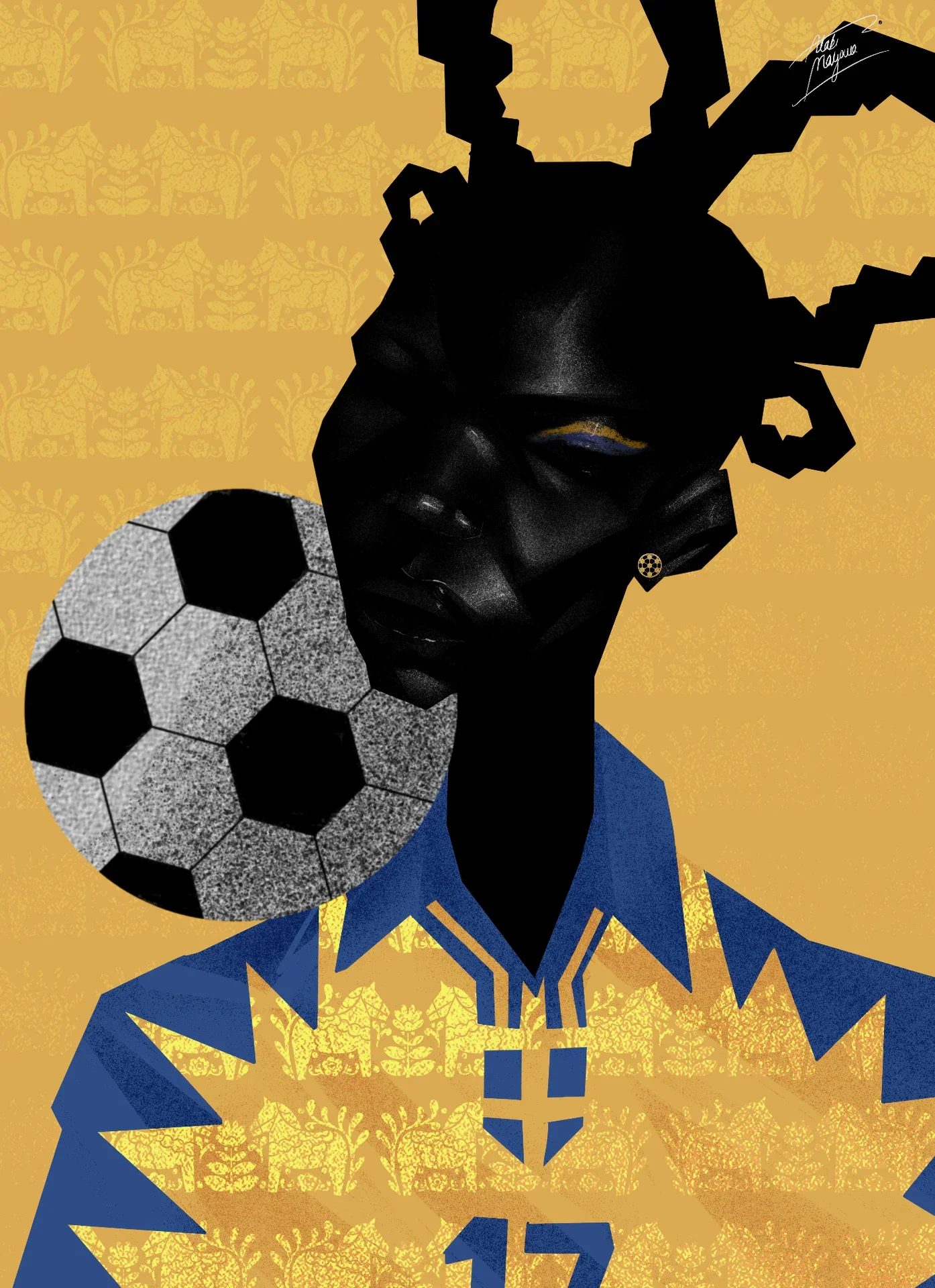 Illustration close-up of a Black woman with sculpted hair beside a large football, in a blue and yellow folk-patterned shirt, on a mustard Scandinavian folk-art background