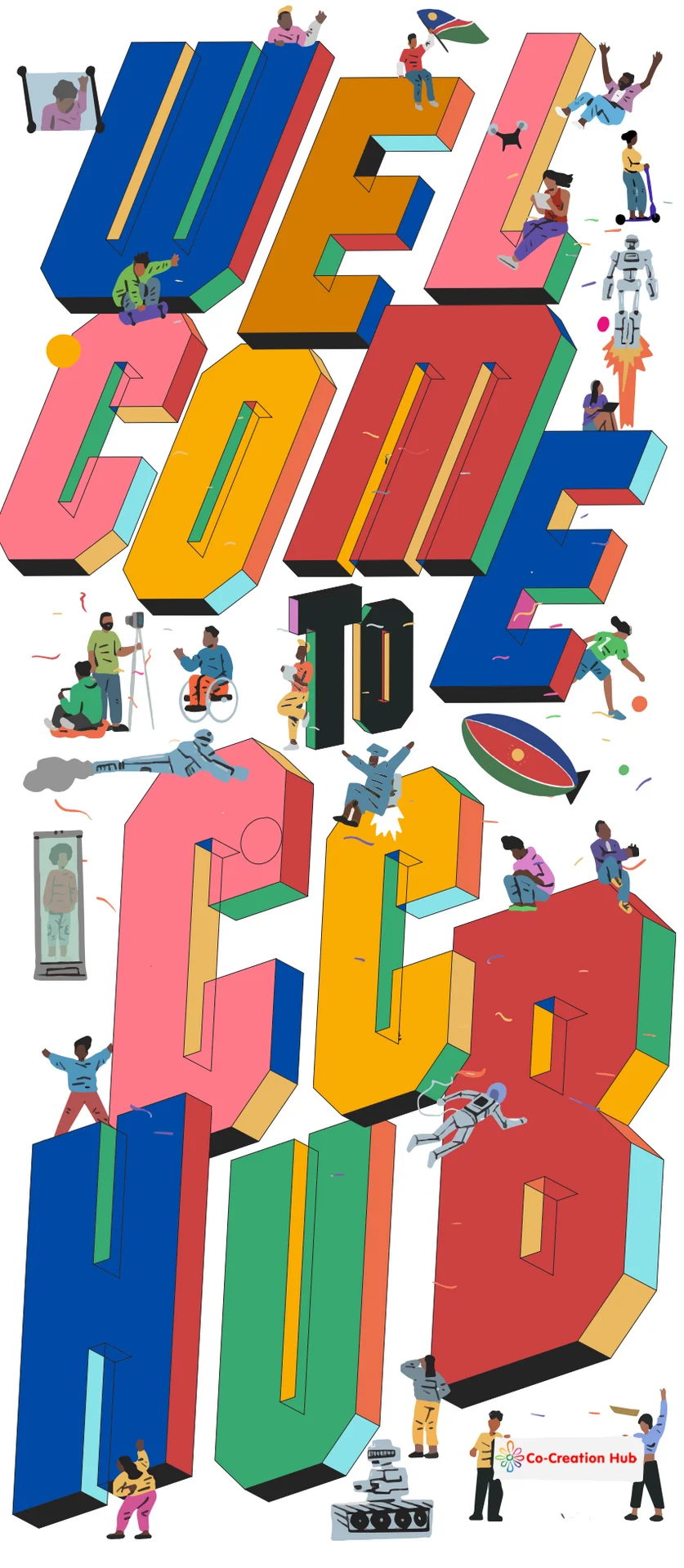 CcHUB Namibia artwork: giant colourful 3D letters reading "Welcome to CcHub", with small figures climbing, flying and working around them