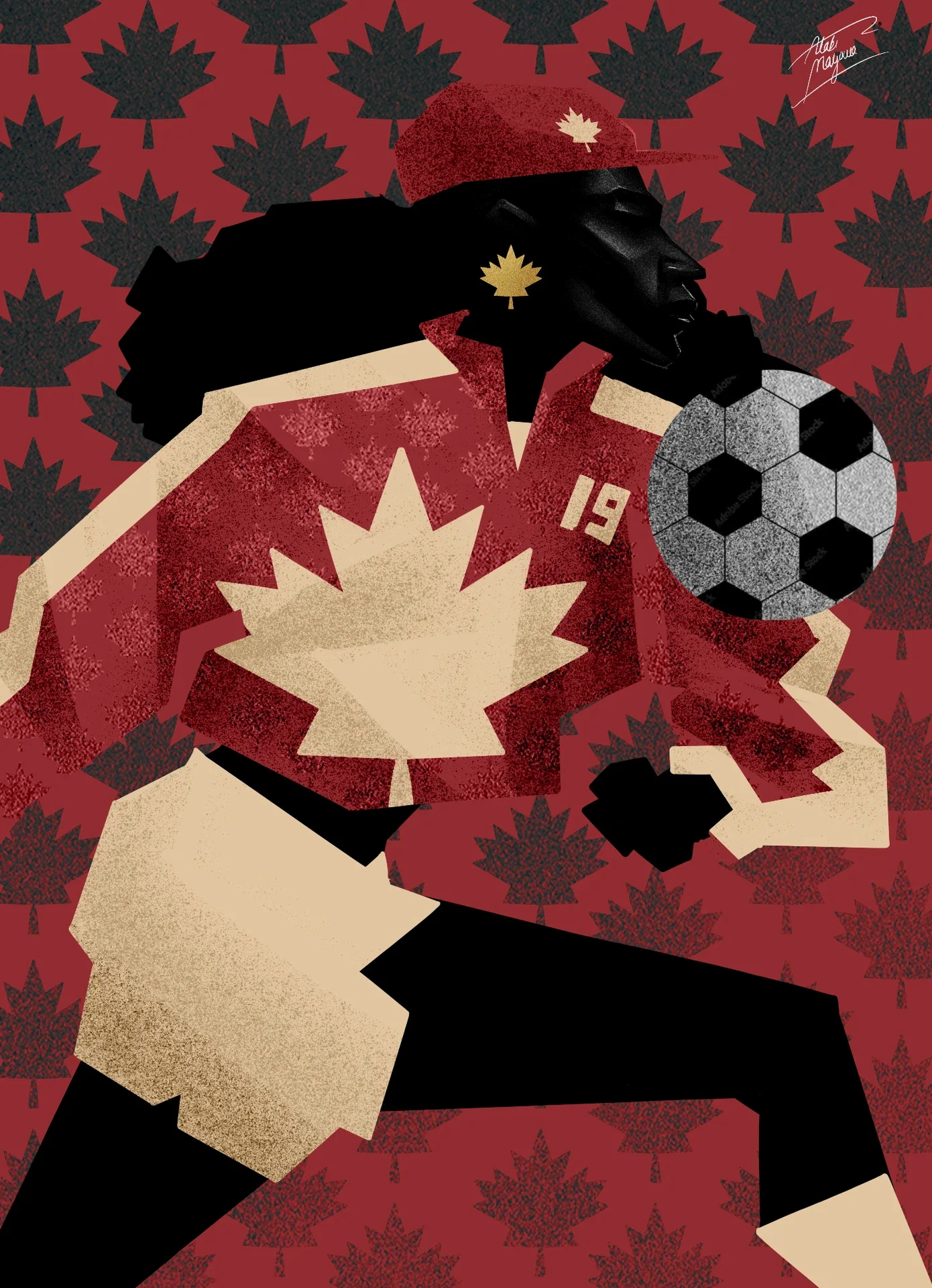 Illustration of a Black woman in a red cap and red kit with a large cream maple leaf and number 19, chesting a football, on red patterned with dark maple leaves