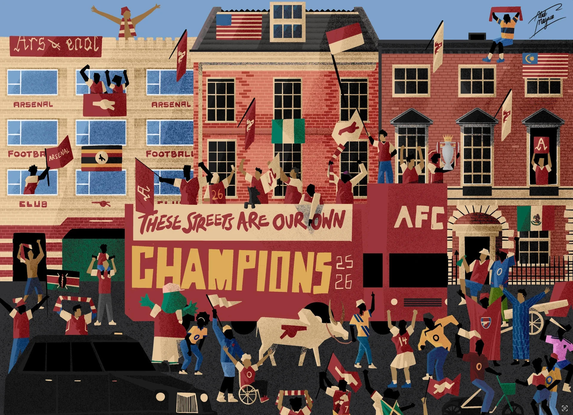 Illustration of an Arsenal victory parade: fans with flags from many countries crowd an open-top bus reading "These streets are our own", "AFC" and "Champions 25/26"