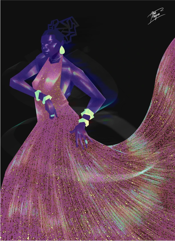 A stylized illustration of a figure in an elegant, shimmering purple gown, with a flowing skirt and geometric accessories, set against a dark background.