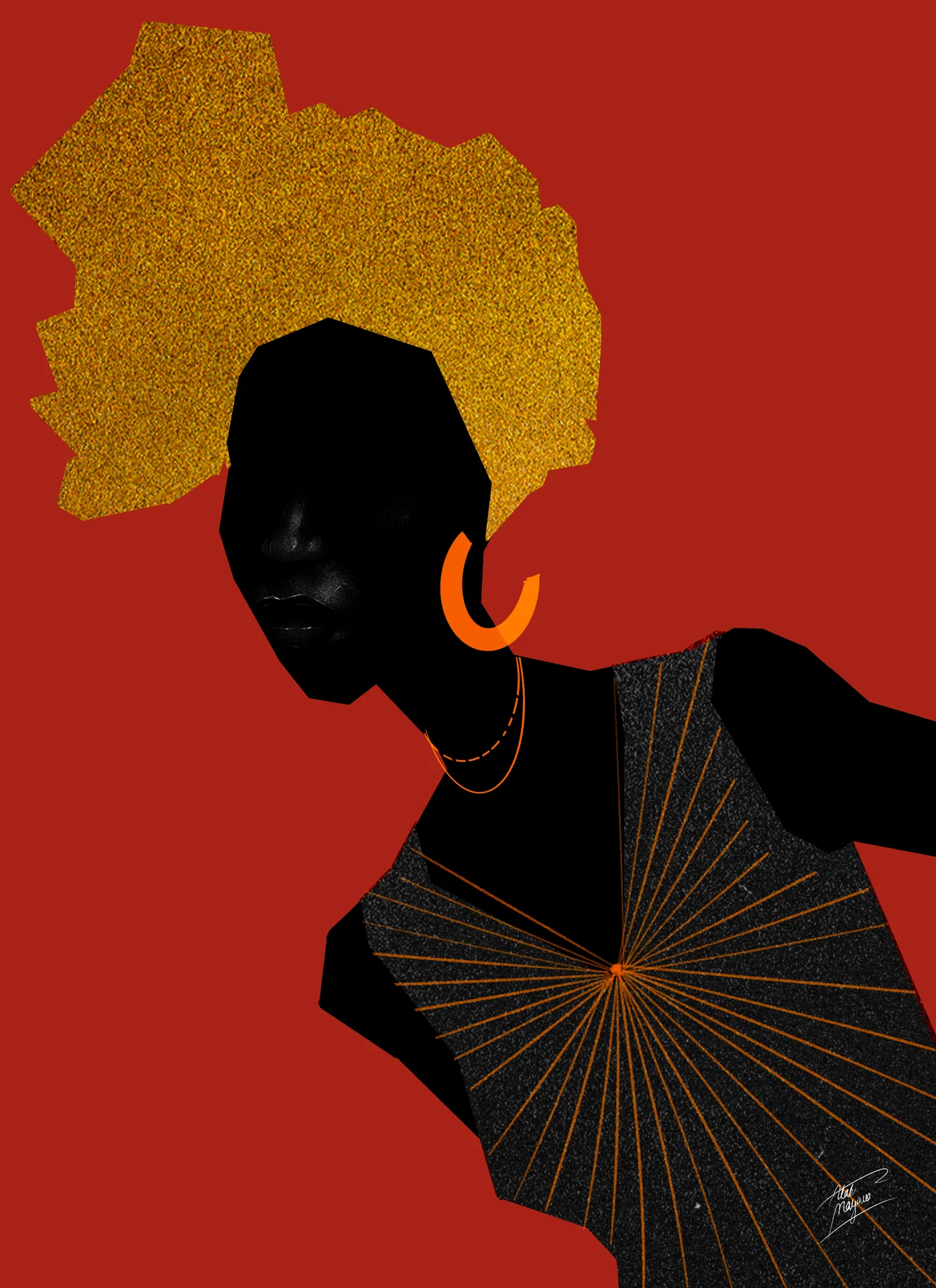 Illustration of a Black woman with a gold glitter afro and orange hoop earring, in a dark top with orange sunburst lines, on a red background