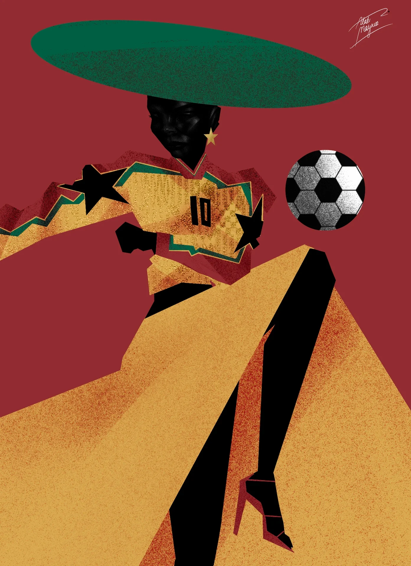 Illustration of a Black woman in a wide green hat and gold number 10 shirt with black stars, kicking up a flowing gold skirt towards a football, on deep red