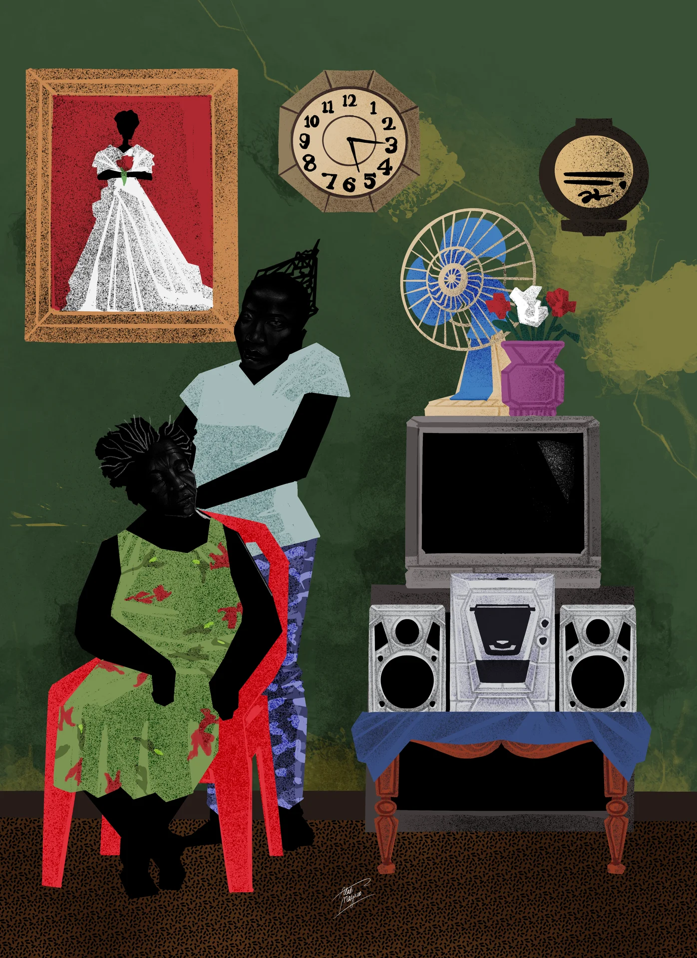 Illustration of a living room where a woman braids the hair of a girl on a red plastic chair, beside a TV, stereo, fan and flowers, a wedding portrait and clock on the wall