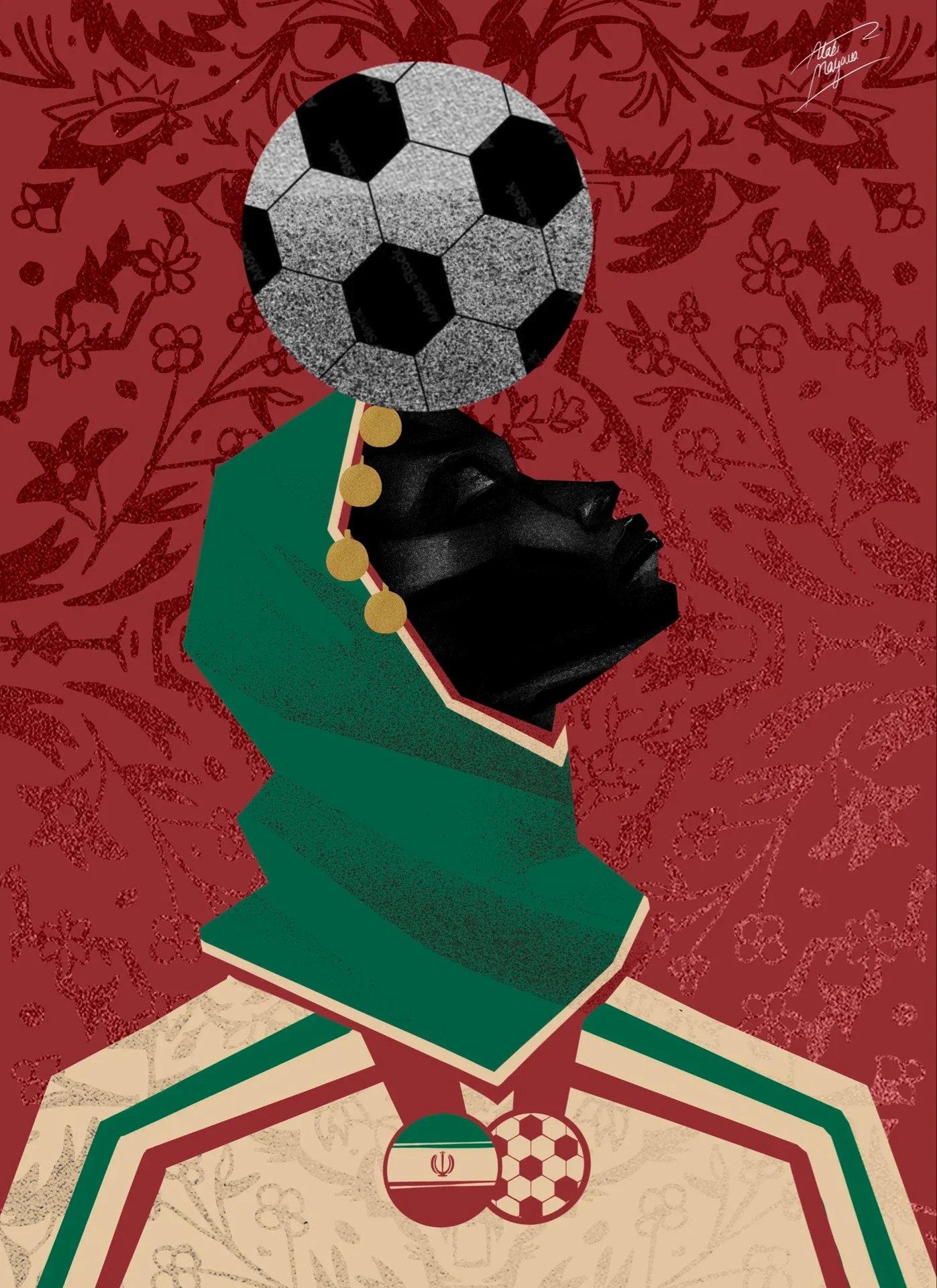 Illustration of a Black woman in a green headscarf, face upturned, balancing a football on her head, with an Iranian flag badge on her cream shirt, on red floral