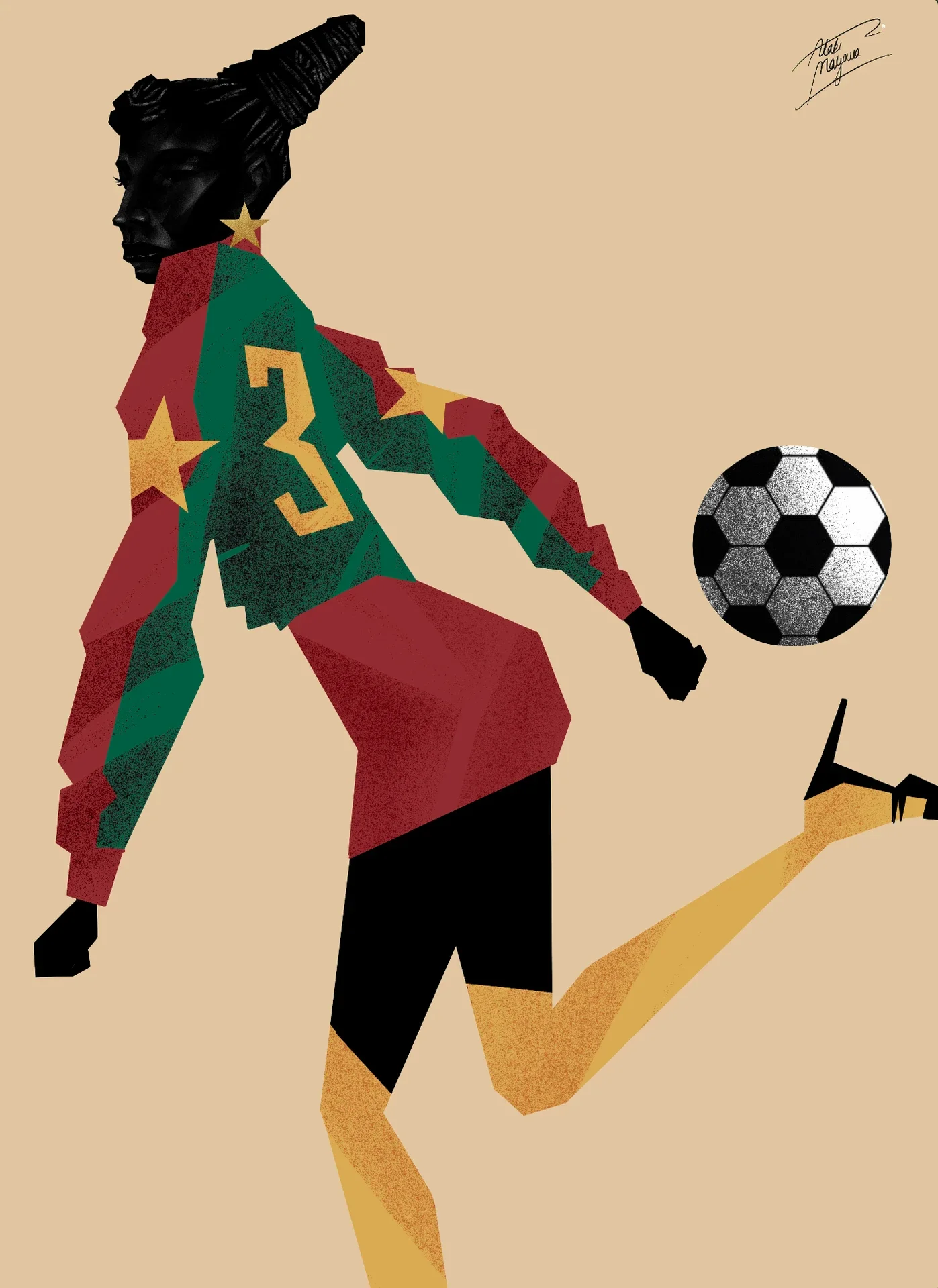 Illustration for Cameroon of a Black woman seen from behind in a green and red number 3 shirt with gold stars, kicking a football back with her heel