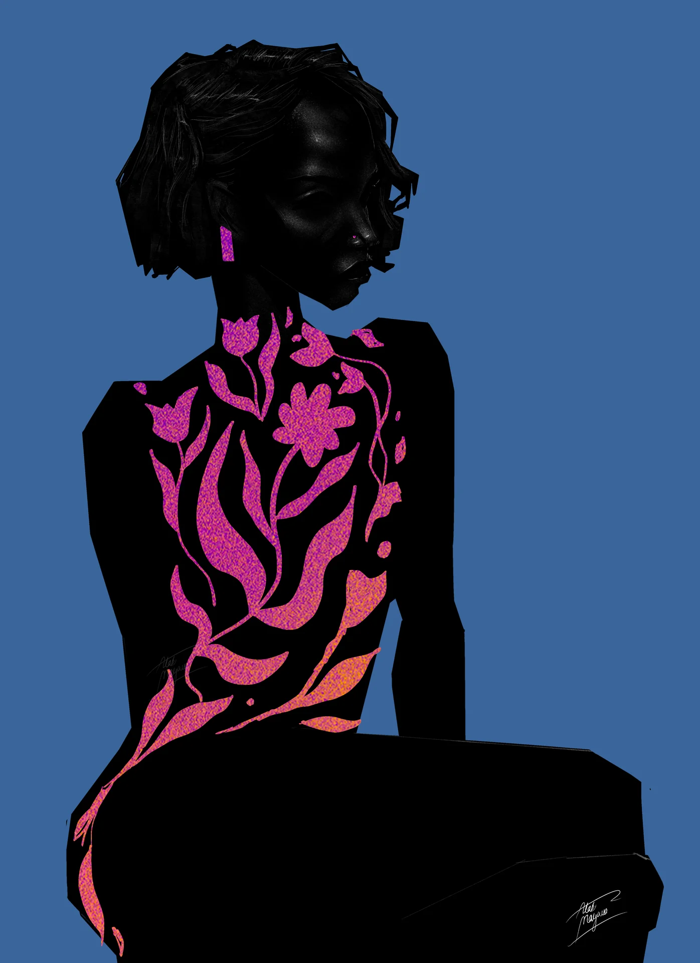 Illustration of a seated Black woman with short hair looking aside, a pink-to-orange glitter floral pattern climbing her black dress, on a blue background