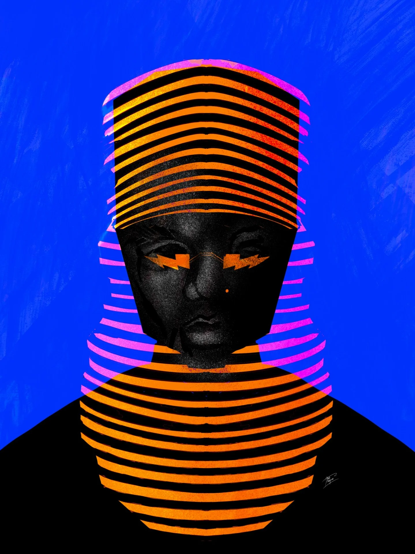 Illustration of a face inside an orange and pink striped headdress and collar, wearing lightning-bolt glasses, against vivid blue