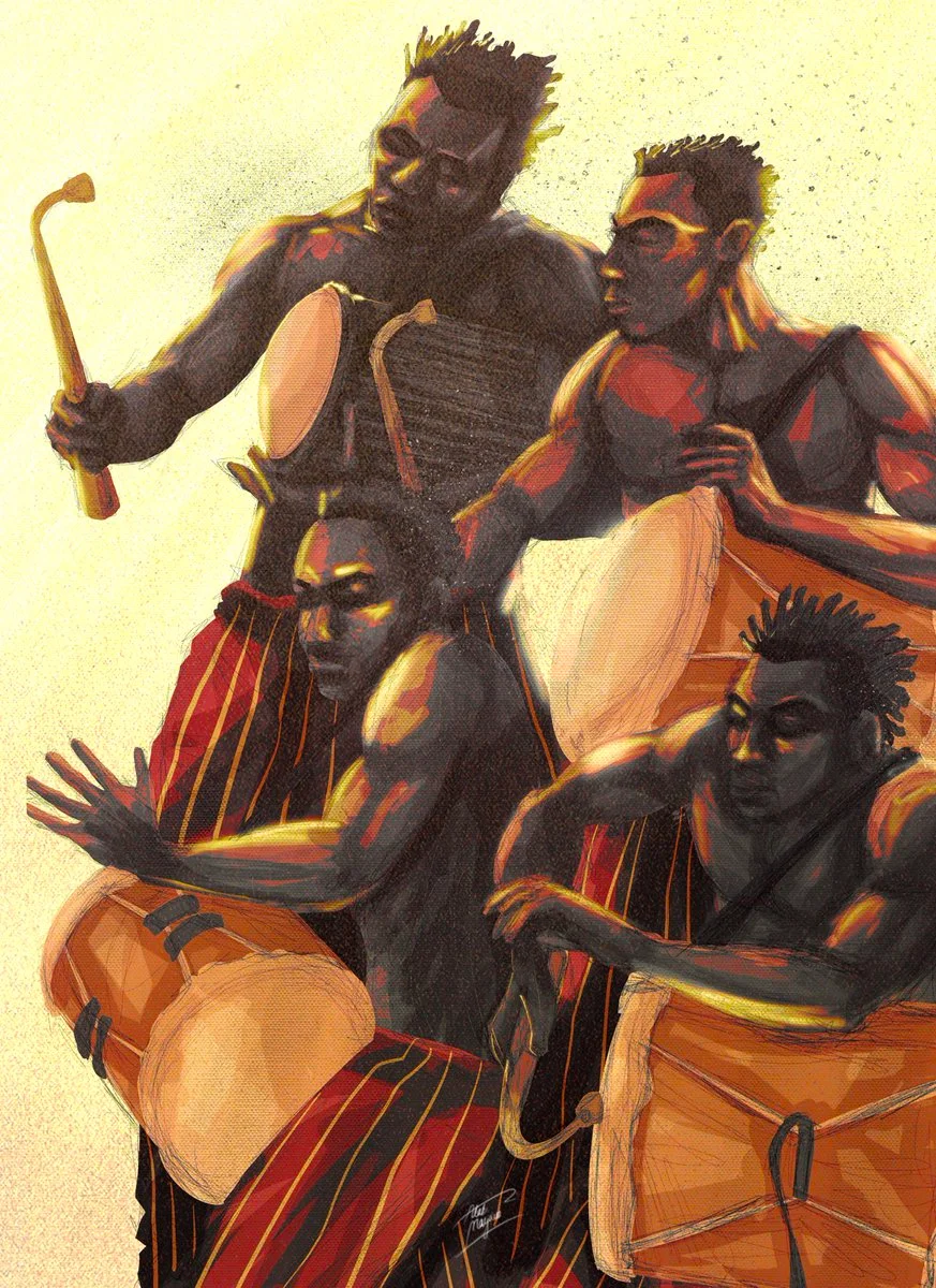 Illustration of four shirtless drummers in striped red wrappers playing talking drums and bata drums against a pale yellow background