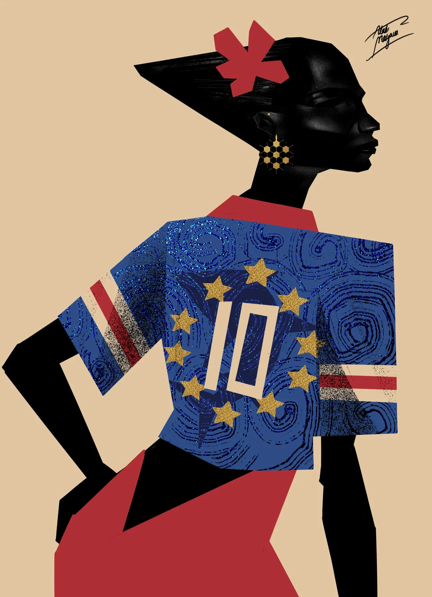Illustration of a Black woman in profile with a red flower in her hair, wearing a blue swirl-patterned number 10 shirt ringed with gold stars, on a beige background