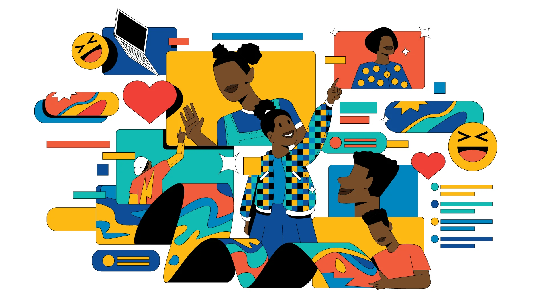 Senator Abiru Innovation Lab mural artwork: flat illustration of young people, a laptop, hearts and laughing emojis on bright yellow, orange and blue panels