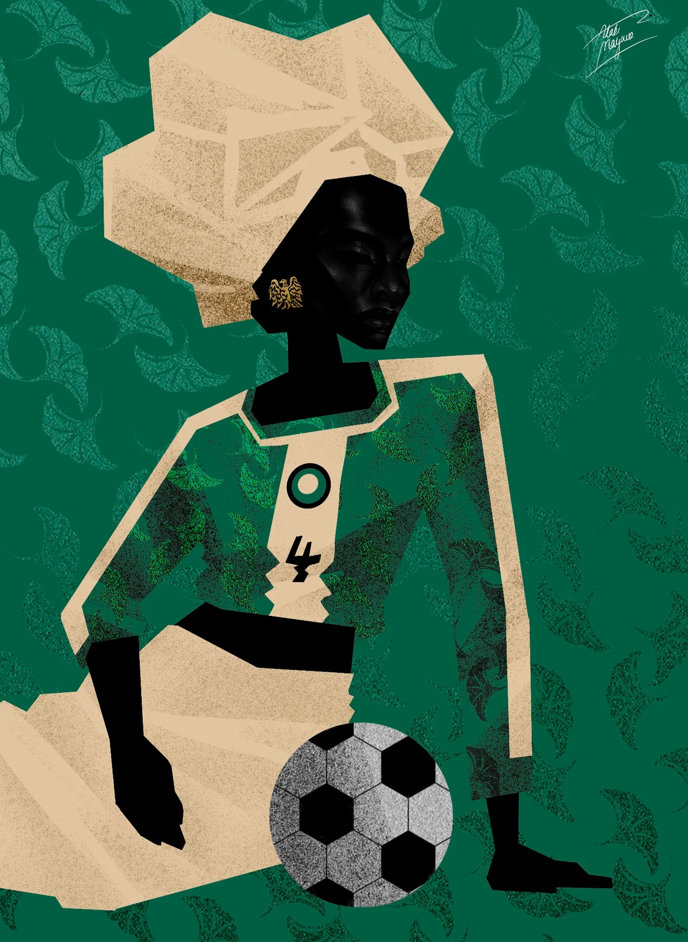 Illustration of a Black woman in a cream gele and green and cream number 4 shirt, seated with a hand on a football, against green leaf patterns