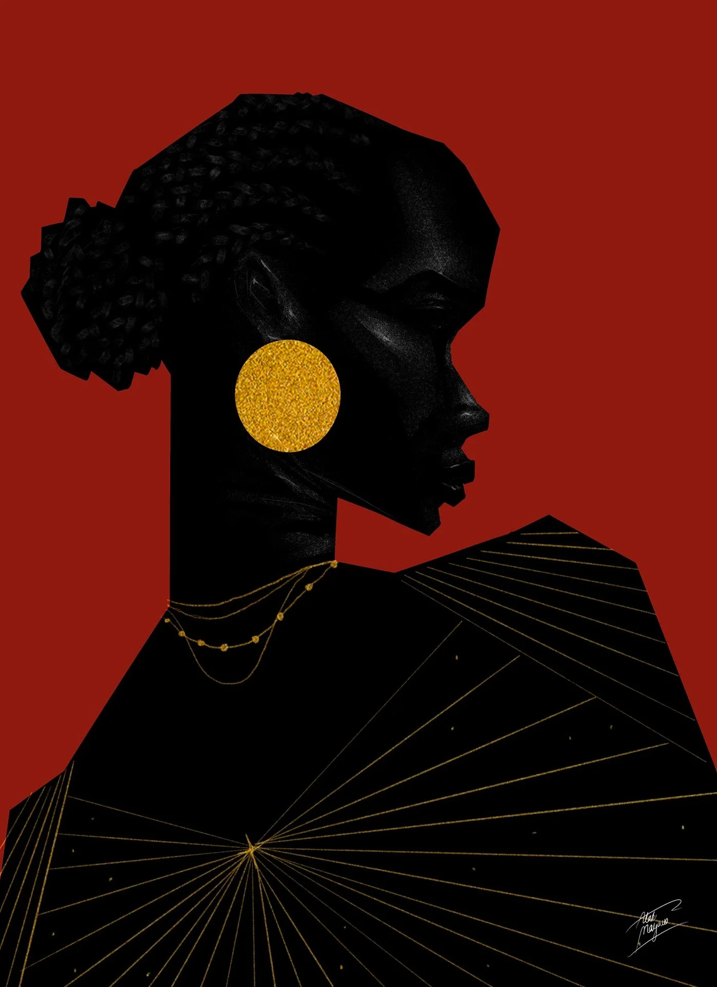 Illustration of a Black woman in profile with braids in a bun, a round gold earring and fine gold necklaces, wearing black on a deep red background