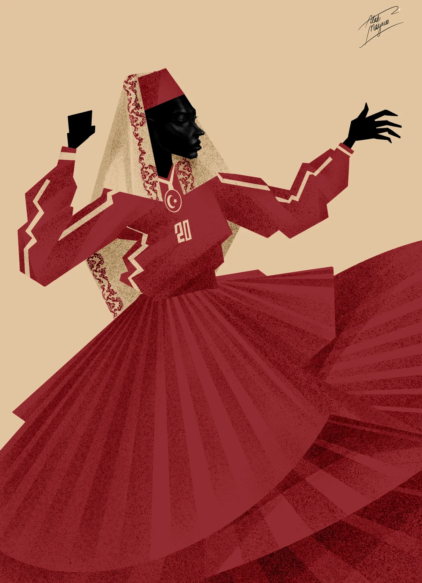 Illustration of a whirling dervish-style Black woman in a red fez, cream veil and red number 20 shirt with a crescent and star, her red skirt spinning out