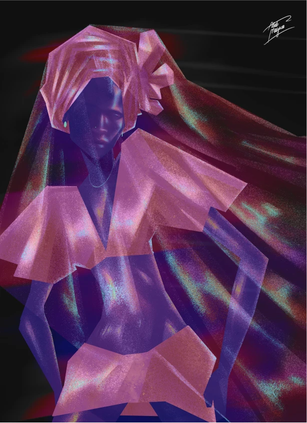 A stylized digital illustration of a figure with long hair, wearing a pink outfit that consists of a top and a skirt, set against a dark background with abstract colors swirling around.