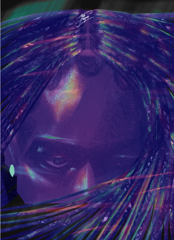 A stylized portrait of a person with dark, textured hair and a partially obscured face, set against a vibrant, abstract background.