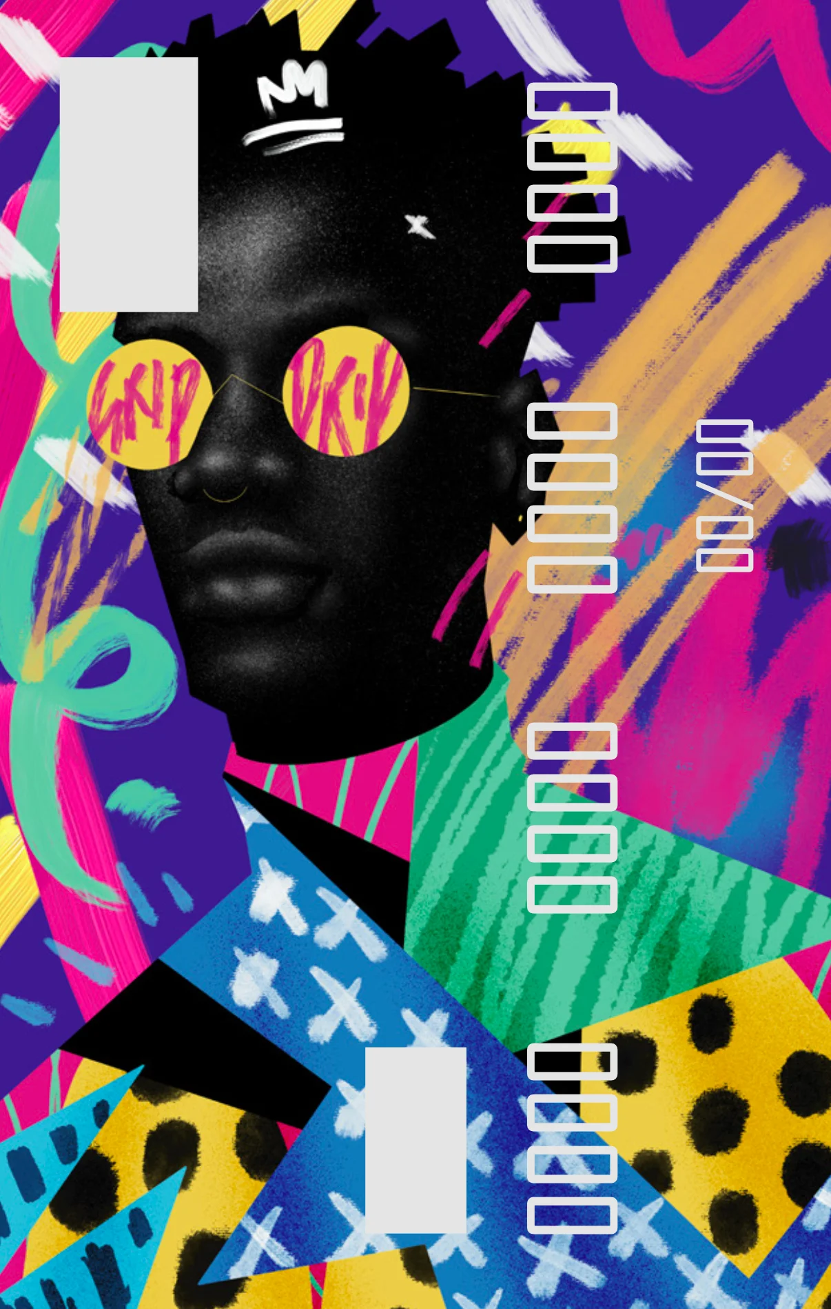 Vertical bank card design showing a man in round yellow sunglasses and a crown doodle, surrounded by bright pink, purple and yellow brush strokes and patterns