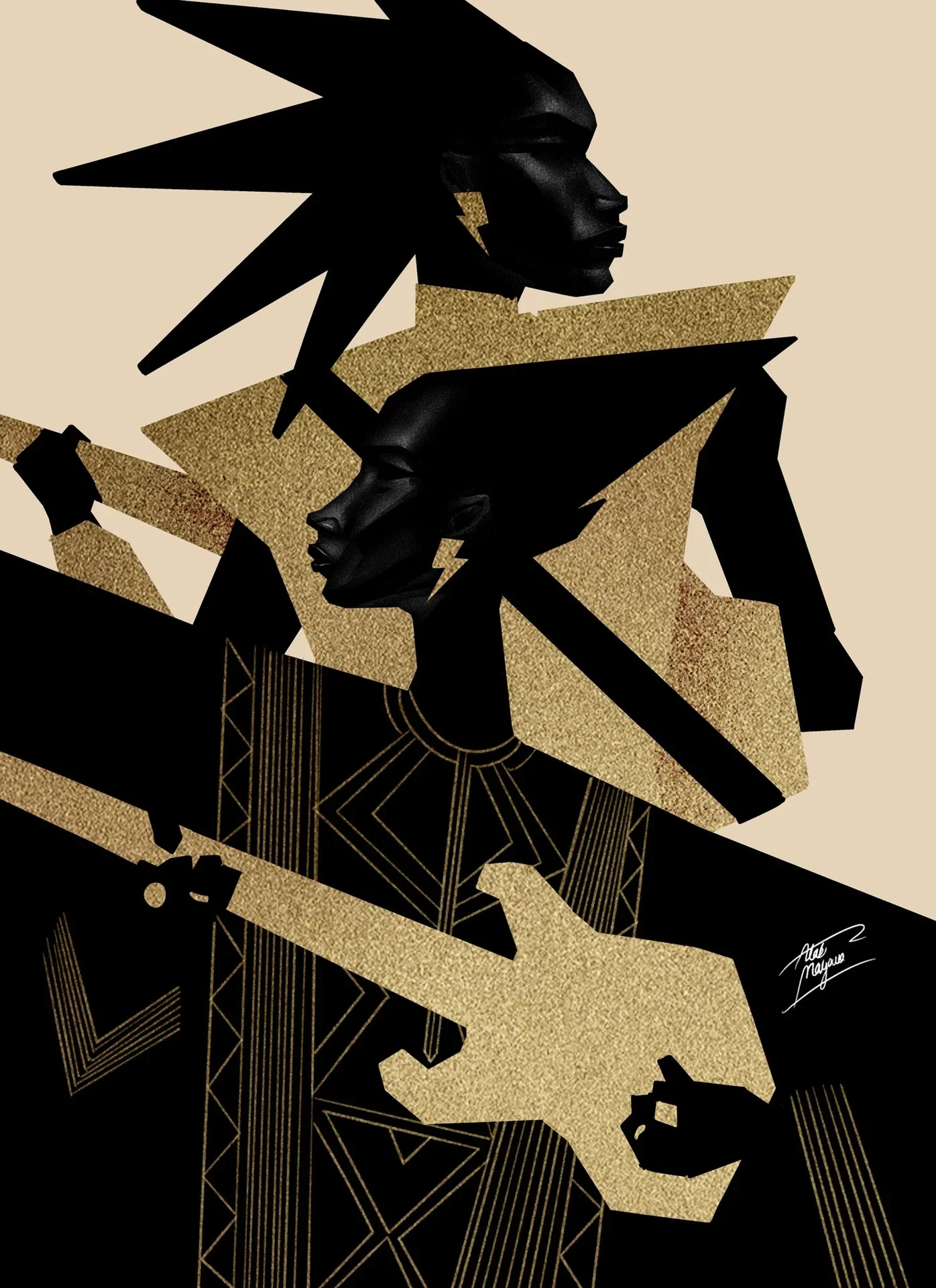 Illustration of two figures with spiked hair in black and gold, one playing a gold electric guitar, on a beige background