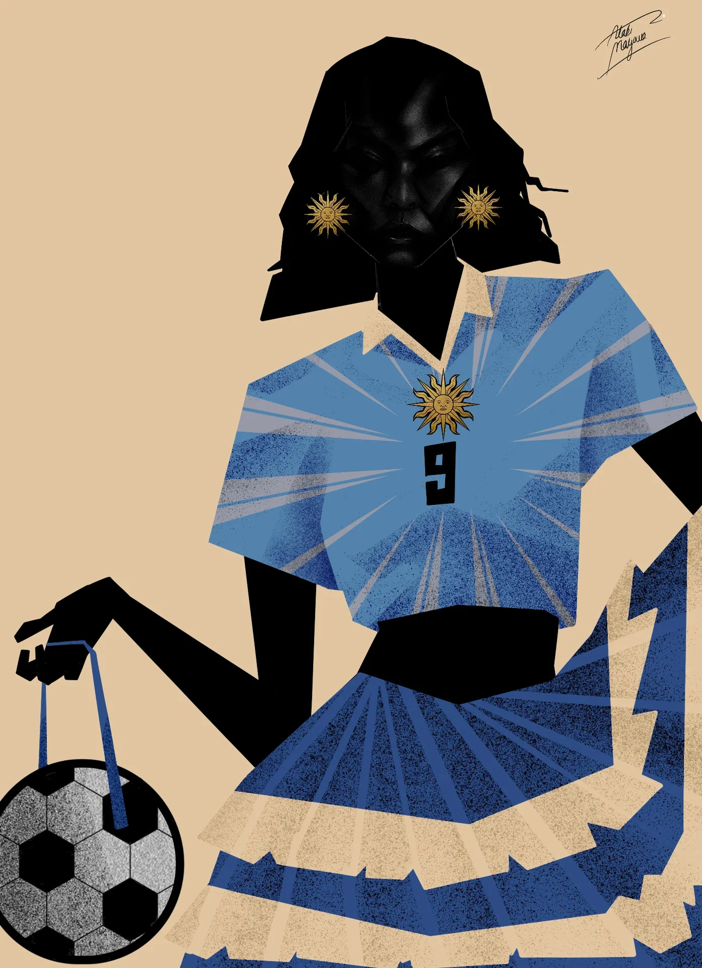 Illustration of a Black woman with gold sun earrings in a sky blue number 9 shirt with a sun emblem, a ruffled blue and cream skirt, swinging a football in a net