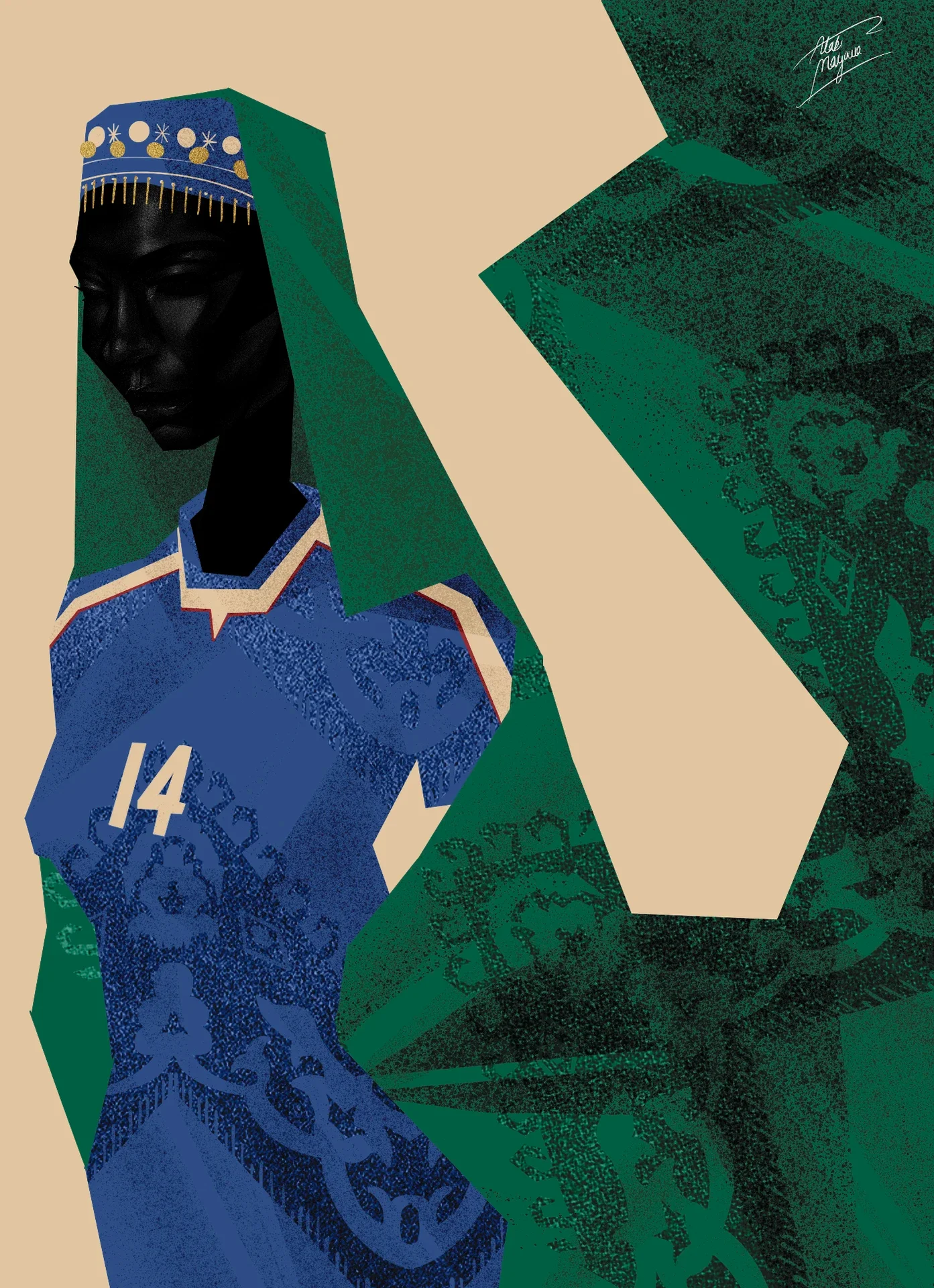 Illustration of a Black woman in an embroidered cap and green veil wearing a blue patterned number 14 shirt, with a large green ornamental shape behind her