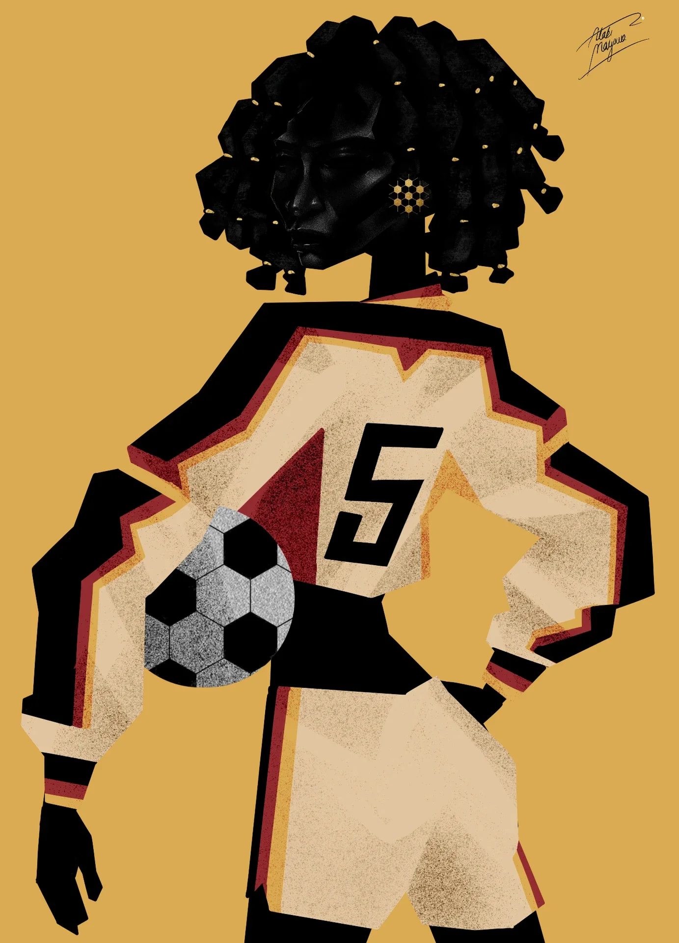 Illustration of a Black woman with an afro seen from behind in a cream number 5 kit with black, red and gold trim, a football tucked under her arm, on mustard