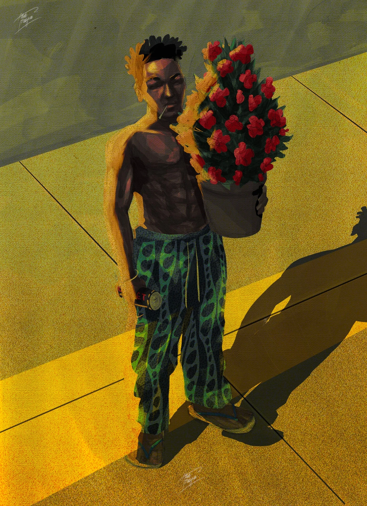Illustration of a shirtless young man in green patterned trousers carrying a large pot of red roses along a sunlit yellow pavement