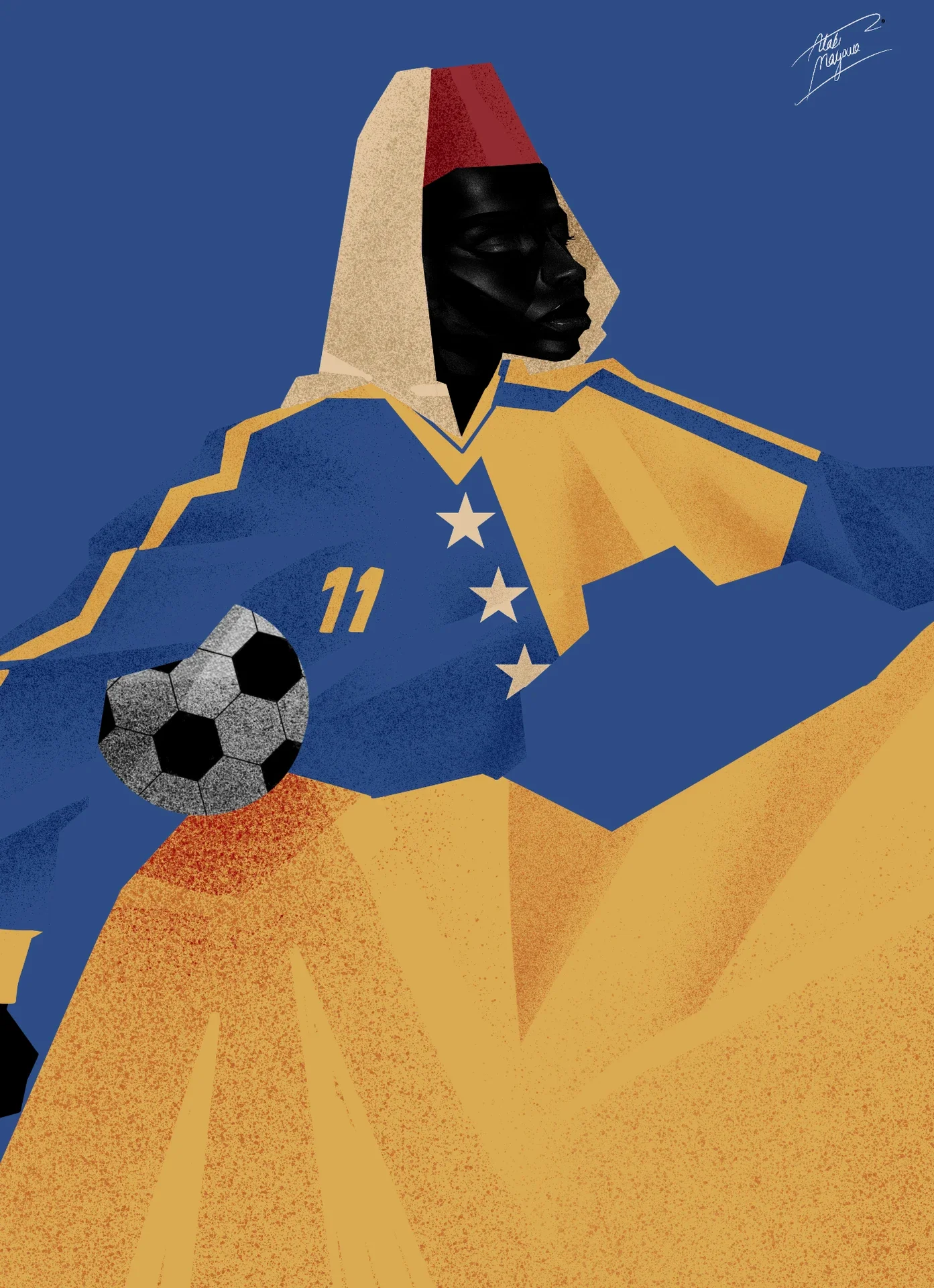 Illustration of a Black woman in a cream hood and red fez wearing a blue number 11 shirt with three white stars and a sweeping gold cape, a football at her arm