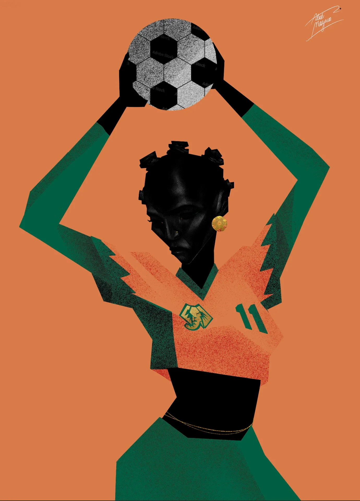 Illustration of a Black woman with arms raised, holding a football overhead for a throw-in, in an orange and green number 11 kit with an elephant crest, on orange