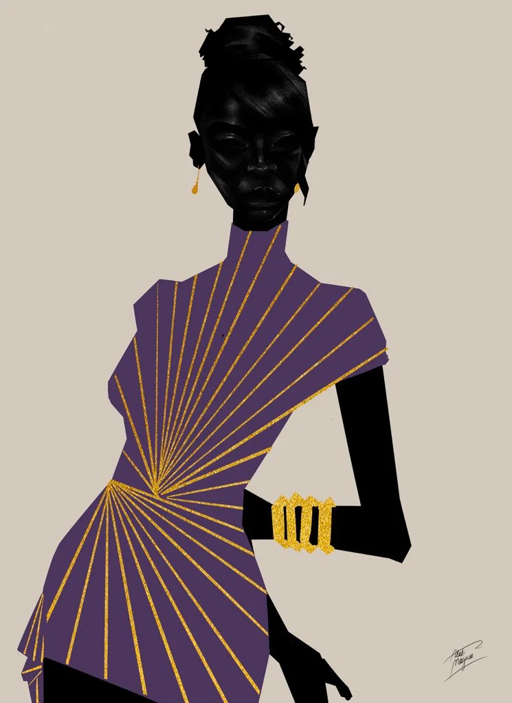 Illustration of a Black woman with a high bun in a purple dress with gold sunburst pleats and a gold cuff on her hip, on a beige background