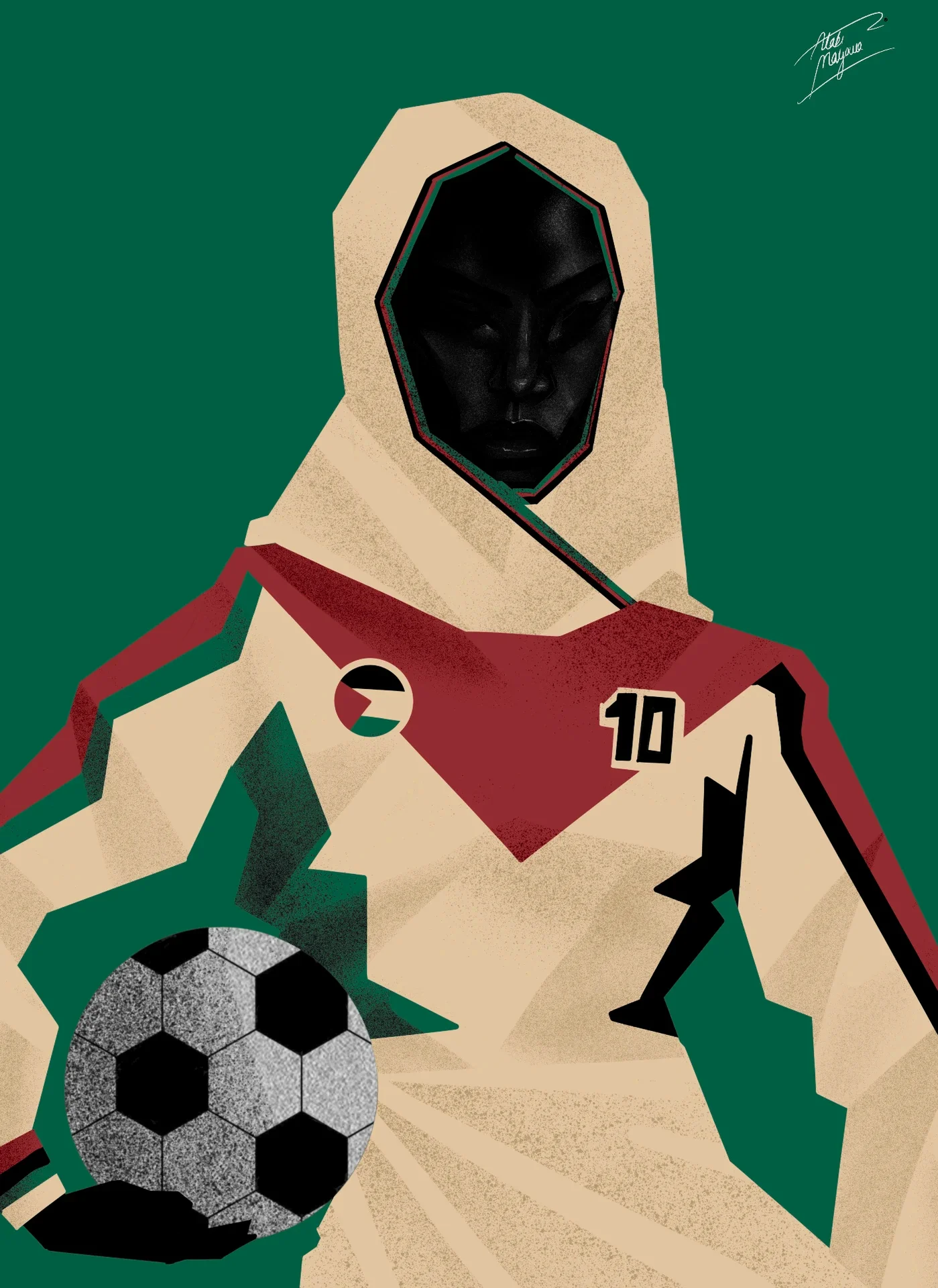 Illustration of a Black woman in a cream head covering and number 10 kit with a red chevron and a Palestinian flag badge, holding a football, on green