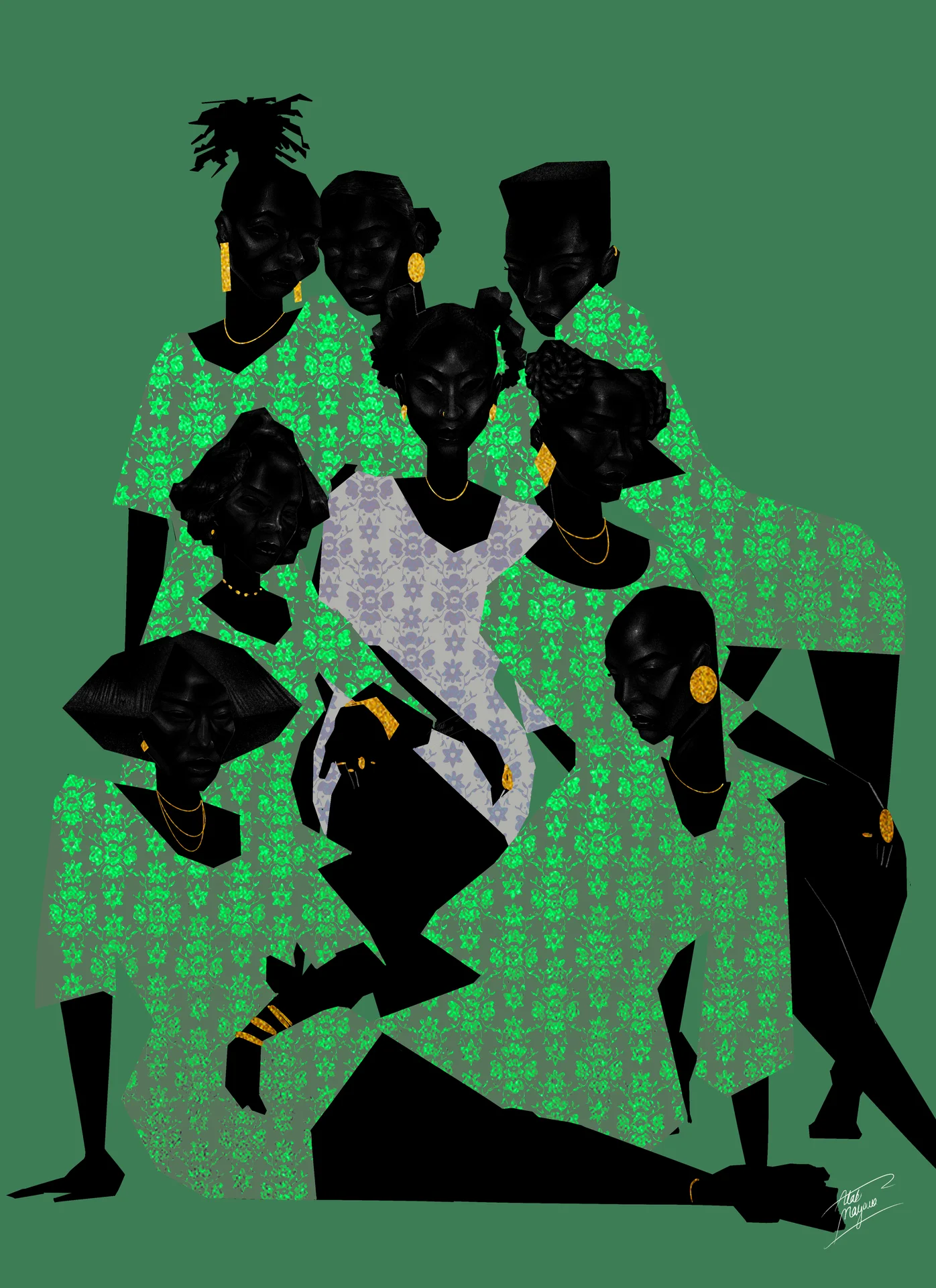 Illustration of a group of eight Black women posing together in matching green floral prints, one in the centre in lilac, on a green background