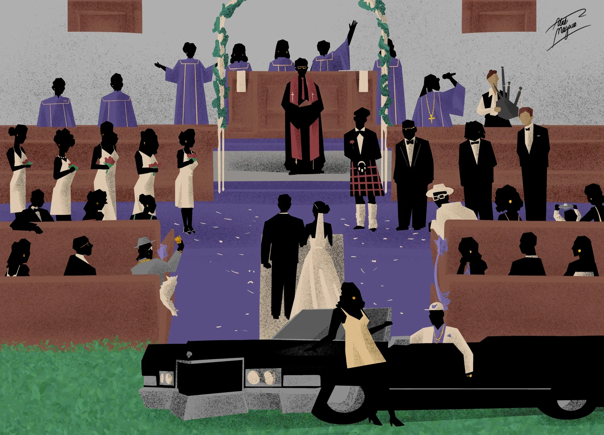 Illustration of a church wedding: bride and groom at the altar before a preacher, purple-robed choir, bridesmaids and a kilted groomsman, with a couple on a black Cadillac in front