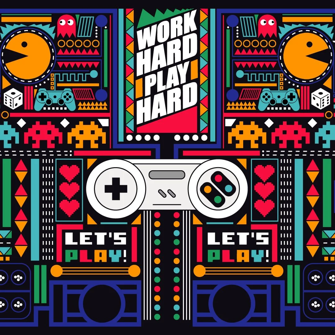Sterling Bank mural artwork, detail: "Work hard play hard" and "Let's play!" among Pac-Man, space invaders, dice and a game controller in neon colours